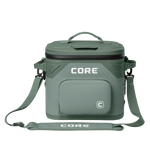 CORE Climakeep 12 can cooler front view in sage with a waterproof design and a shoulder strap.