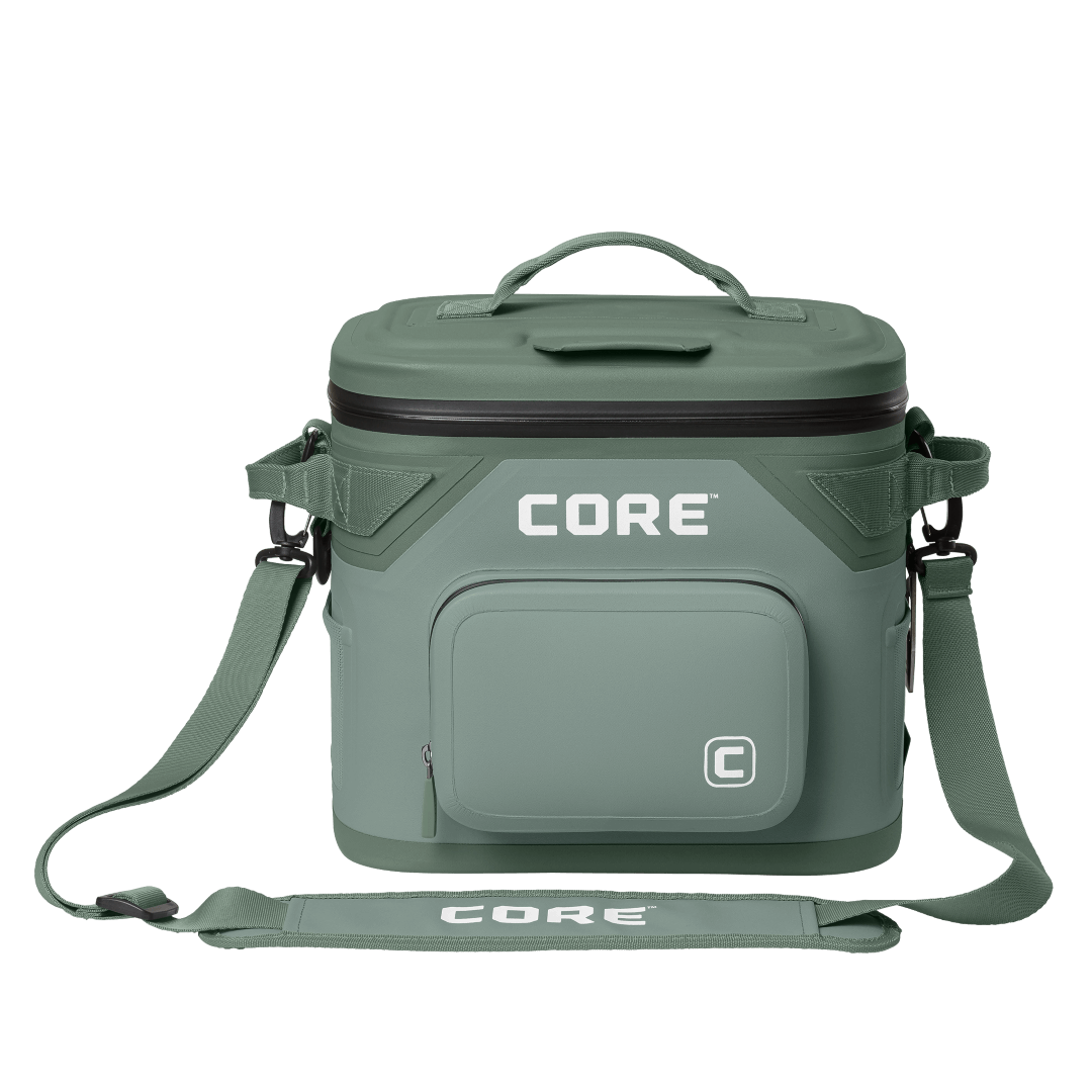 CORE Climakeep 12 can cooler front view in sage with a waterproof design and a shoulder strap.