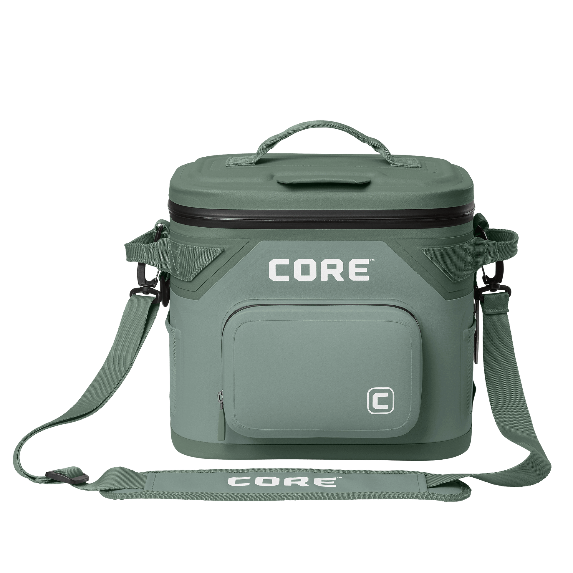 CORE Climakeep 12 can cooler front view in sage with a waterproof design and a shoulder strap.