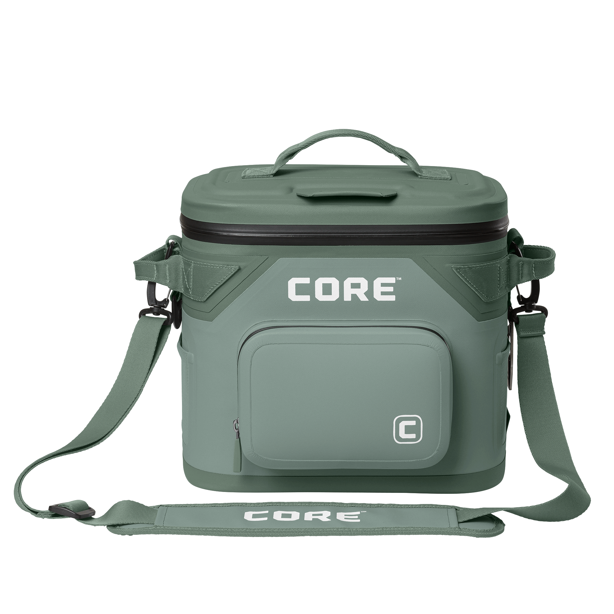 CORE Climakeep 12 can cooler front view in sage with a waterproof design and a shoulder strap.