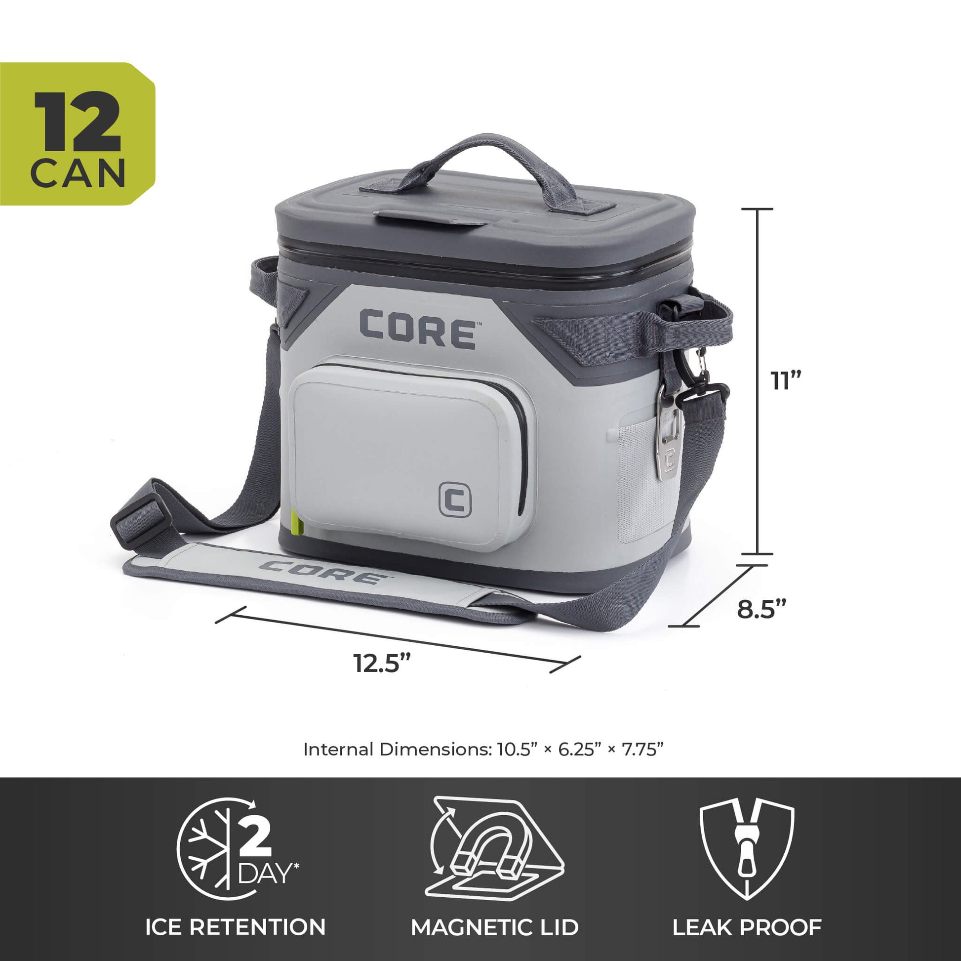 CORE Climakeep 12 can shadow gray cooler, 11 x 12.5 x 8.5 in, with 2-day ice retention, magnetic lid, and leakproof design.
