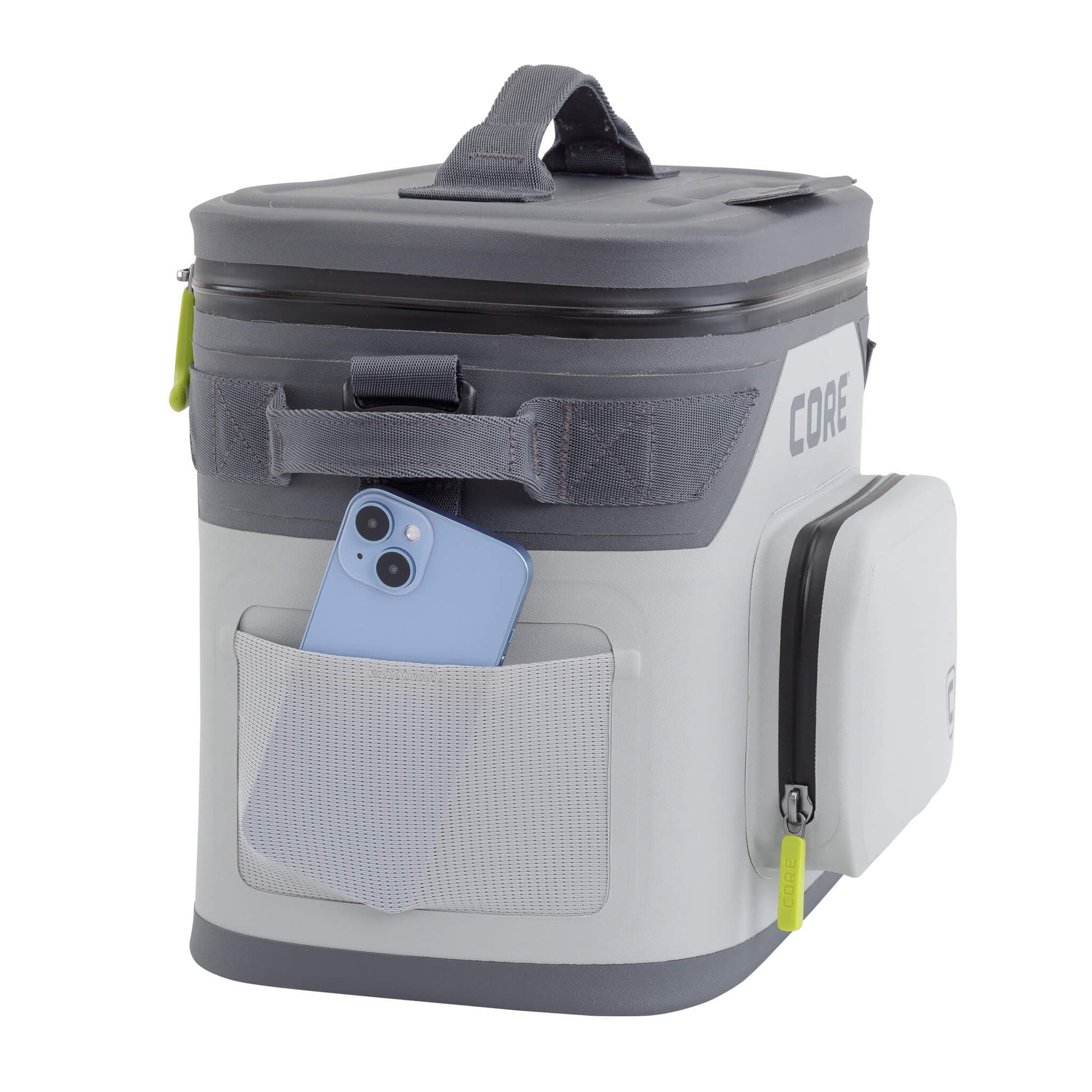 CORE Climakeep 12 can cooler in shadow gray with a mesh side pocket holding a phone and a waterproof build.