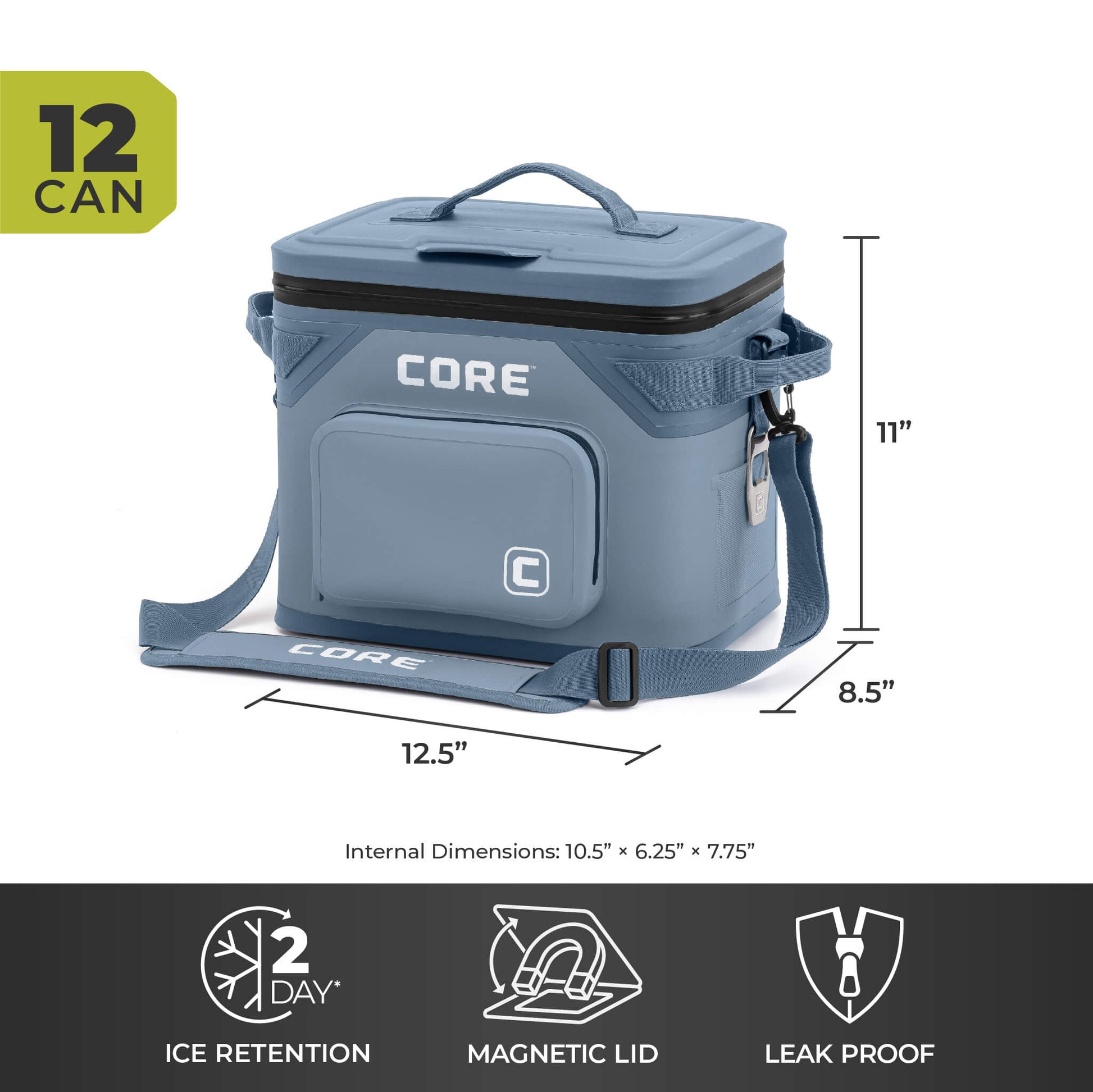 CORE Climakeep 12 can steel blue cooler, 11 x 12.5 x 8.5 in, with 2-day ice retention, magnetic lid, and leakproof design.
