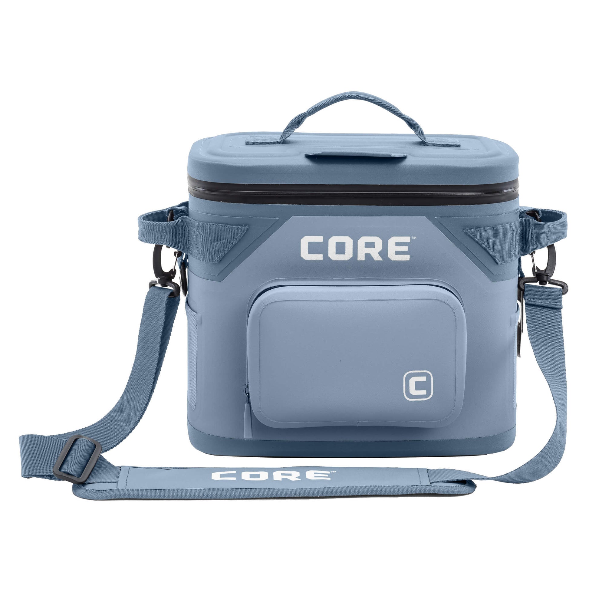 CORE Climakeep 12 can cooler front view in steel blue with a waterproof design and a shoulder strap.