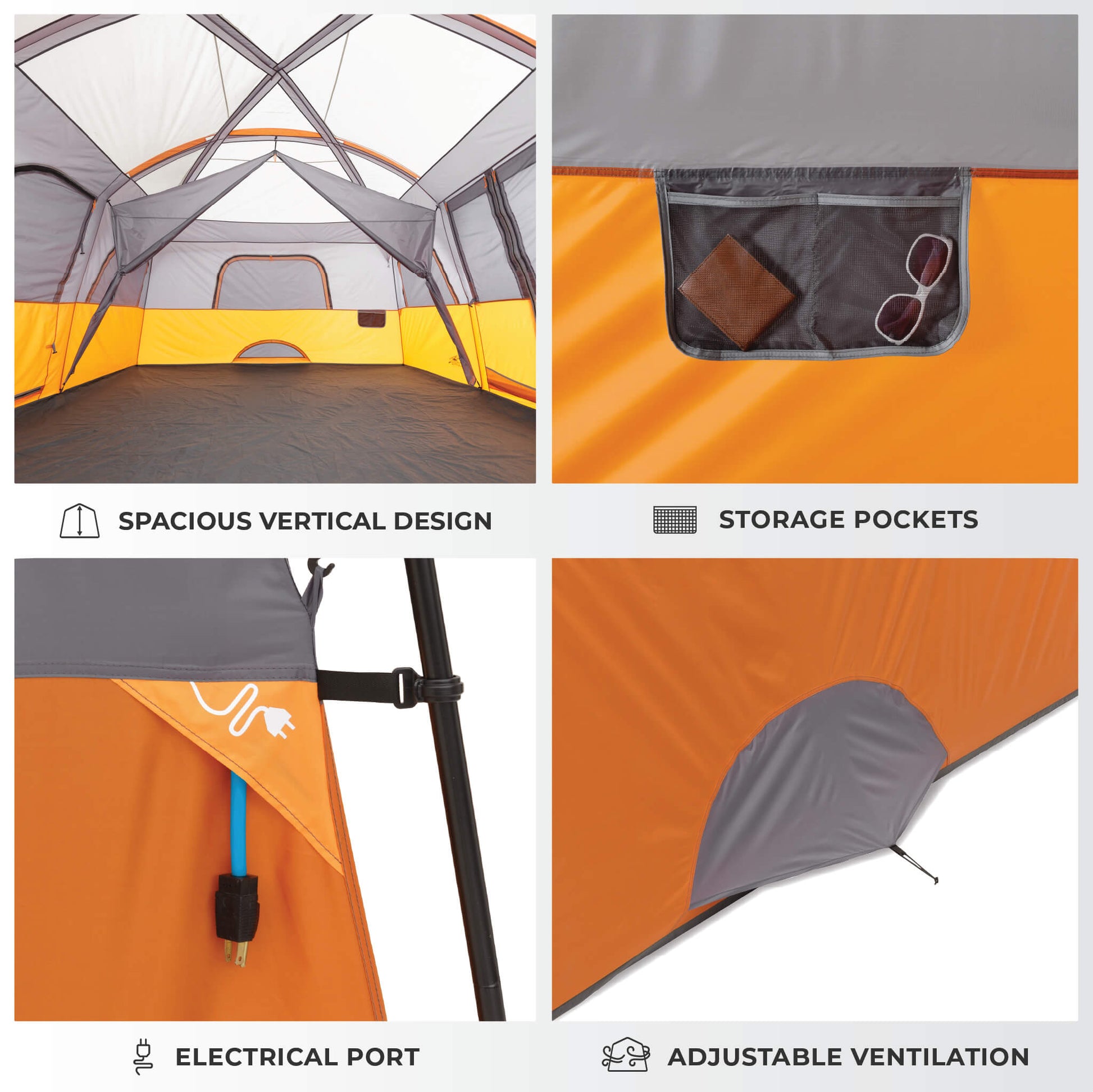 CORE 12 person straight wall cabin tent interior showing spacious vertical design, storage pockets, electrical port, and adjustable ventilation.