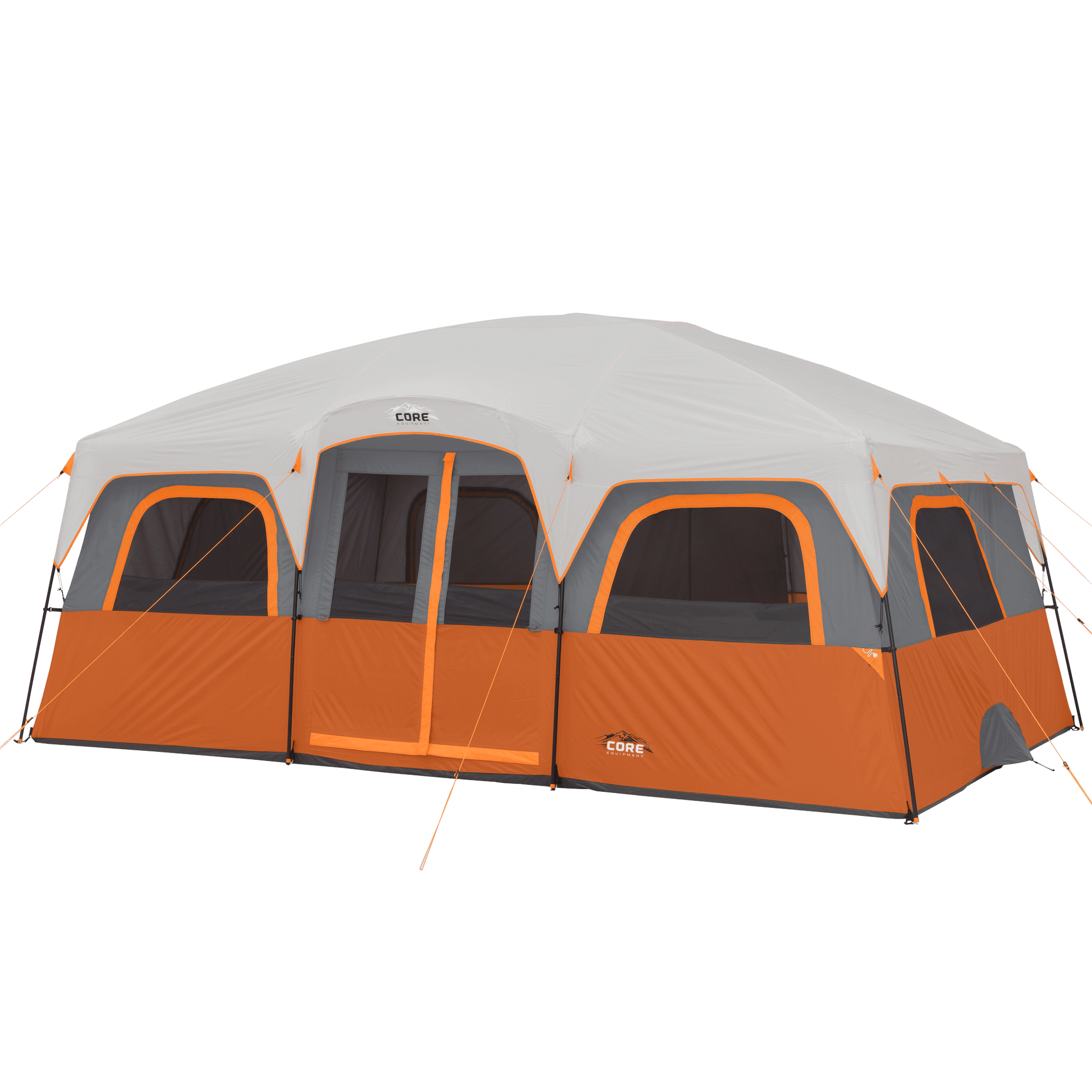CORE 12 person straight wall cabin tent in orange and gray shown fully set up with large windows and tall standing-height design.