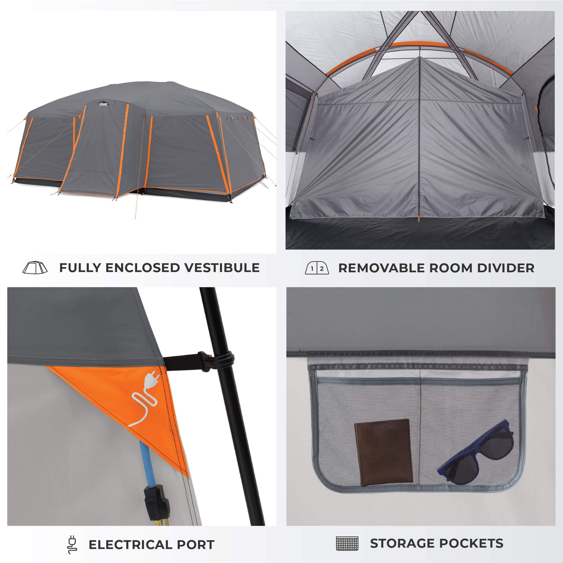 Details of CORE 12 person cabin tent with full rainfly with fully enclosed vestibule, removable room divider, storage pockets,  and electrical port.