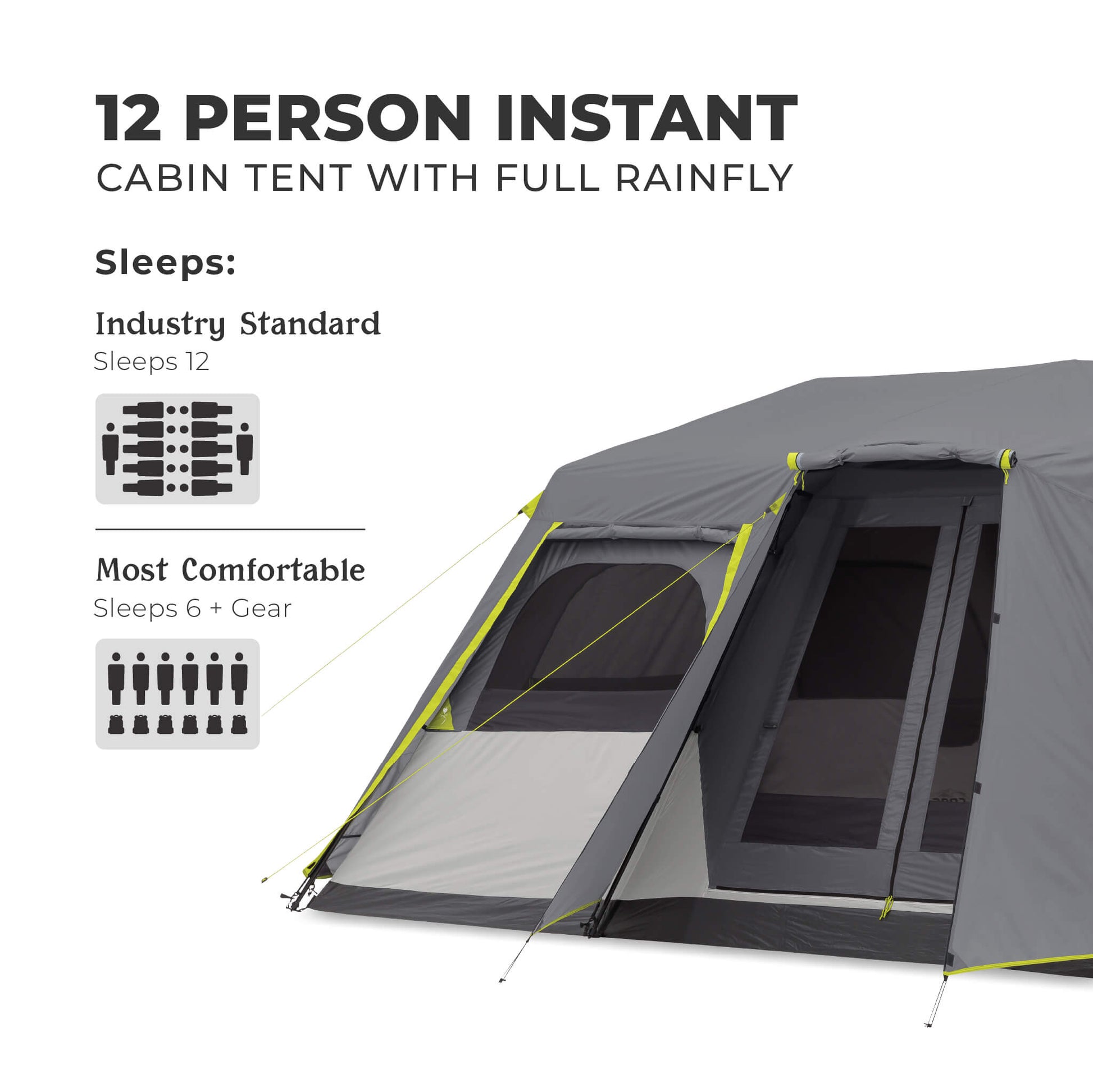 CORE 9 person instant cabin tent capacity graphic showing industry standard sleeps 12 and most comfortable fit for 6 plus gear.