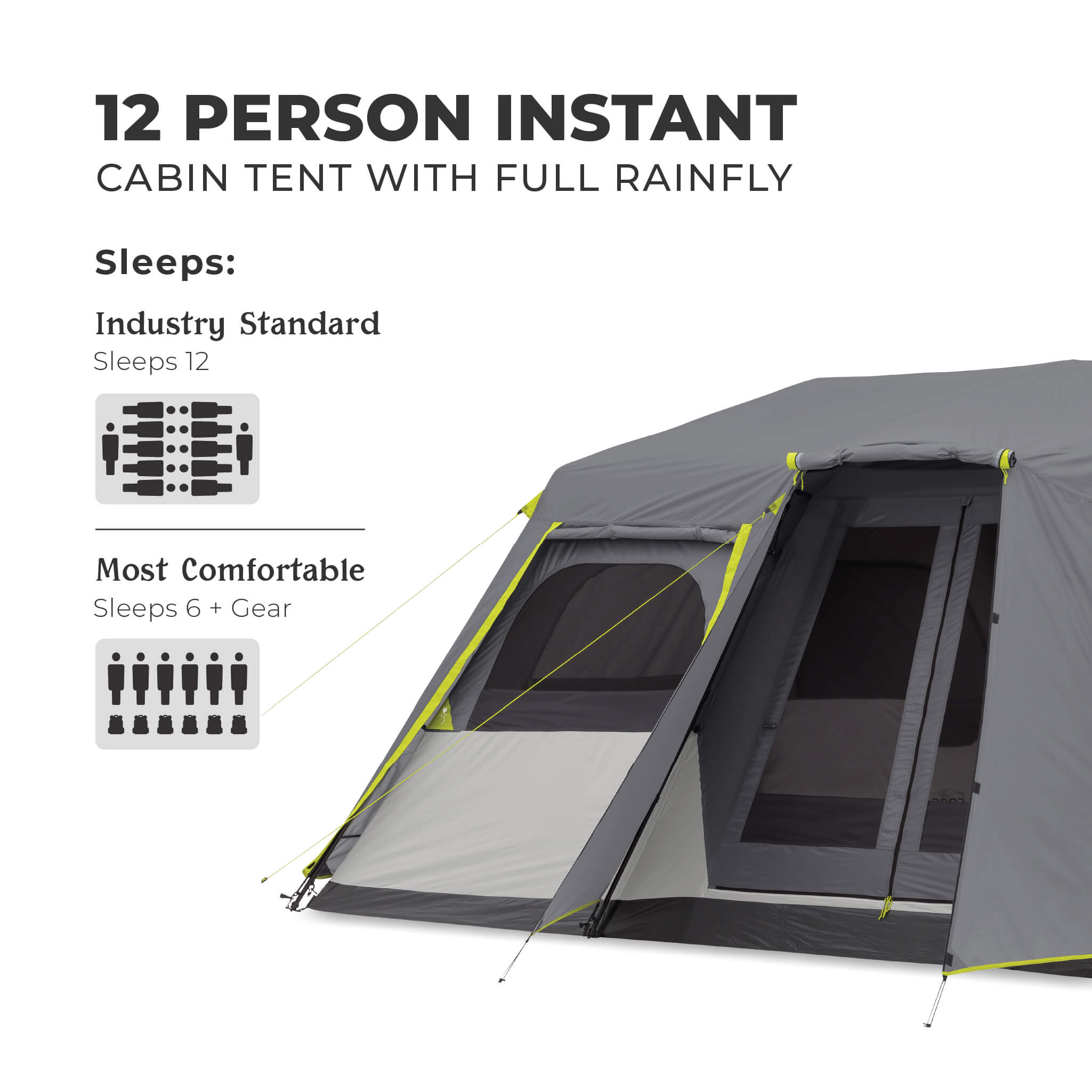 CORE 9 person instant cabin tent capacity graphic showing industry standard sleeps 12 and most comfortable fit for 6 plus gear.