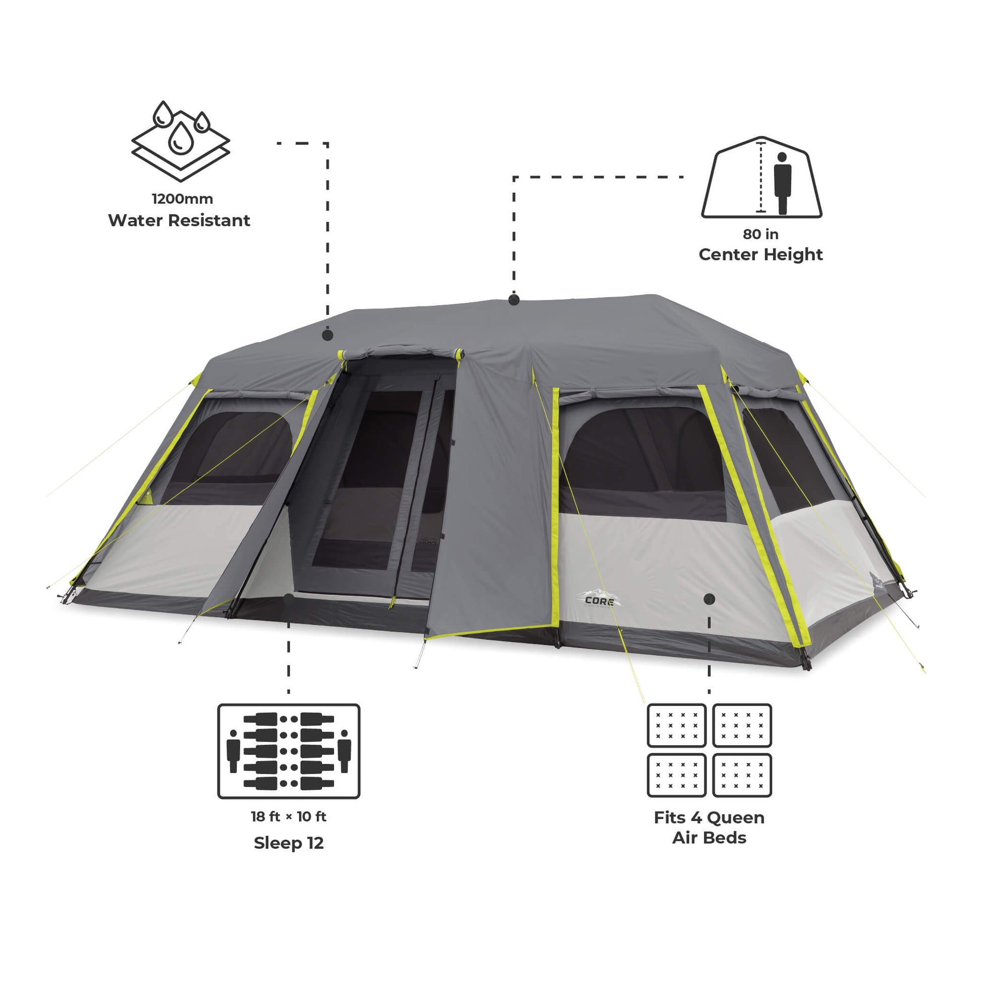 Dimensions of CORE 12 person instant cabin tent with full rainfly shown with 80 in center height, 18 x 10 ft floor, and space for 4 queen air beds.