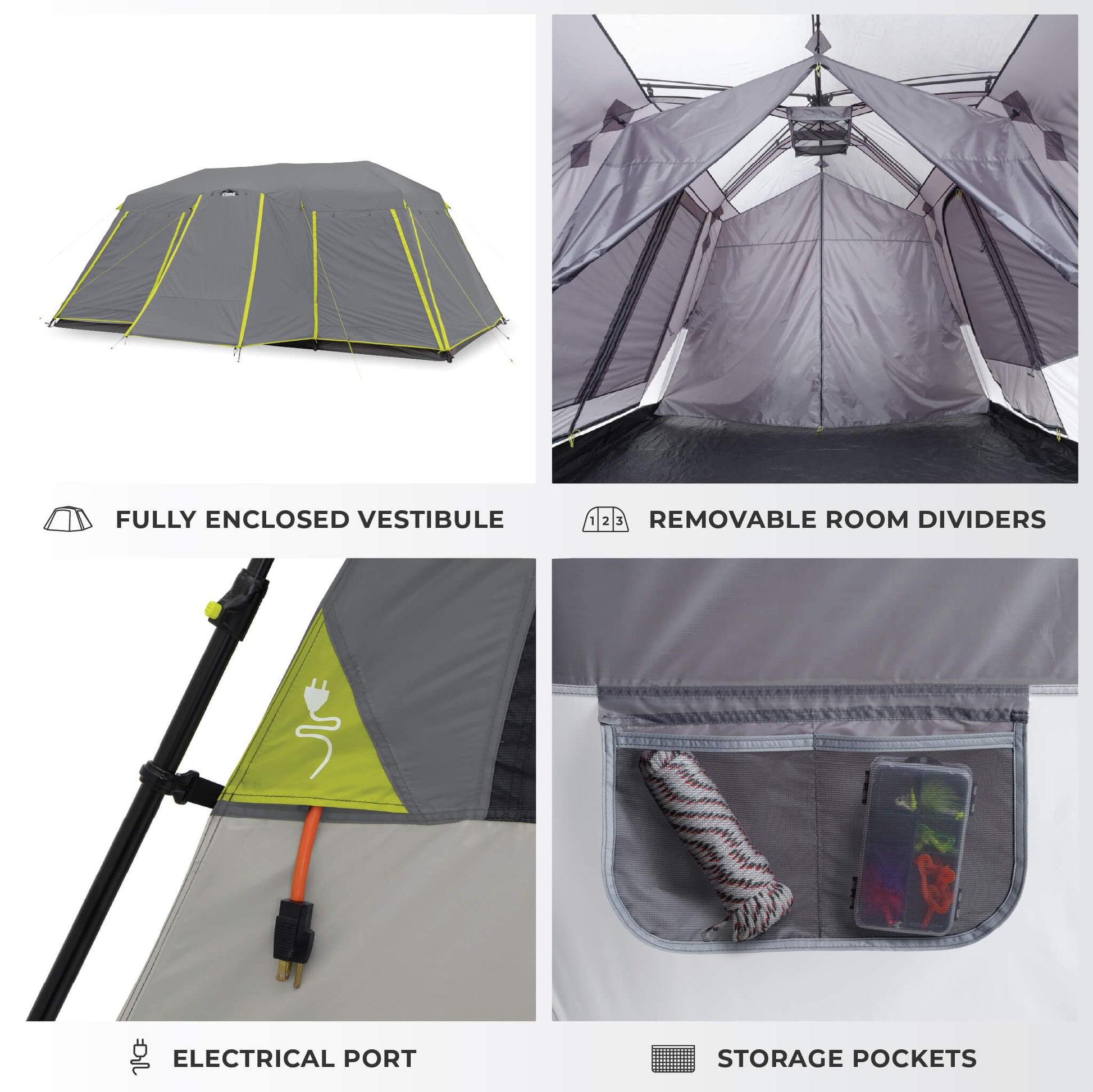 CORE 12 person instant cabin tent features shown with enclosed vestibule, removable room dividers, storage pockets, and electrical port.