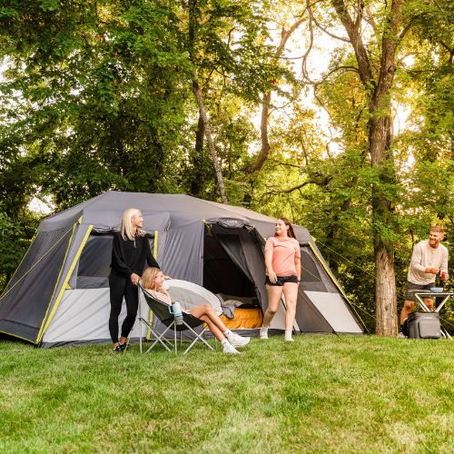12 person instant cabin tent with full rainfly lifestyle with family enjoying the outdoors.