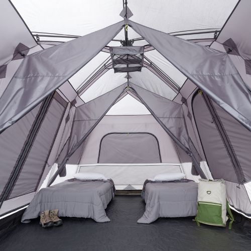 12 person instant cabin tent with full rainfly interior showing two room dividers.