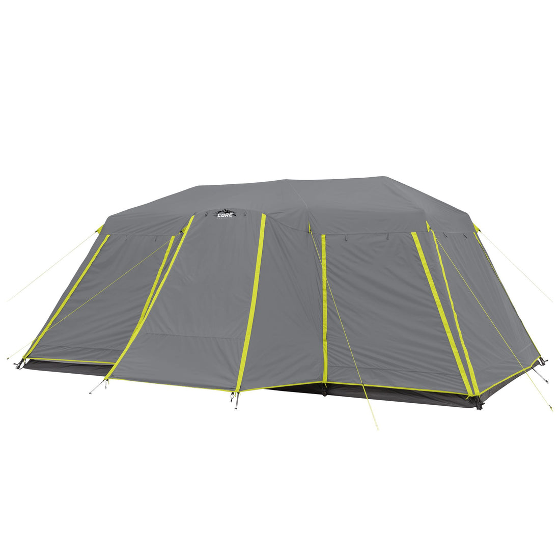 Gray CORE 12 person full rainfly instant cabin camping tent with green accents on a white background.
