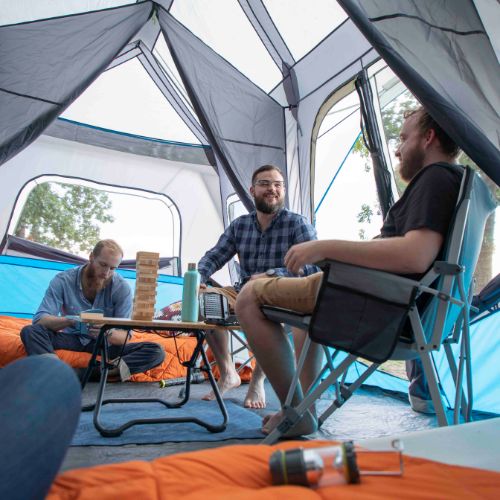Inside view of CORE 12 person lighted instant cabin tent showing the room dividers.