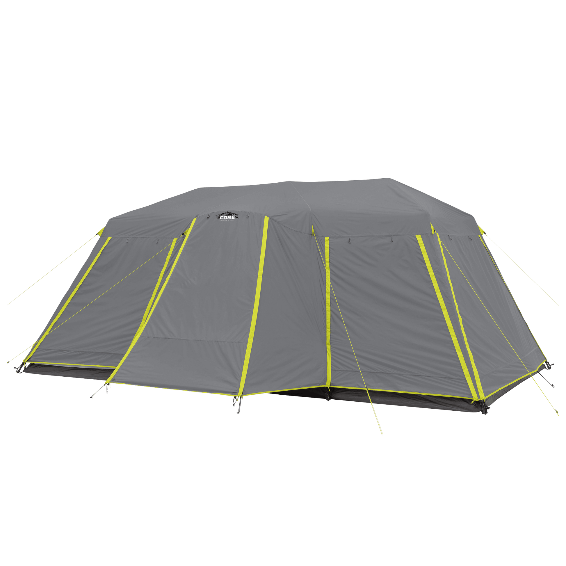 CORE 12 person instant cabin tent with full rainfly in gray and green, featuring pre-attached poles for a quick 2-minute setup and spacious interior.
