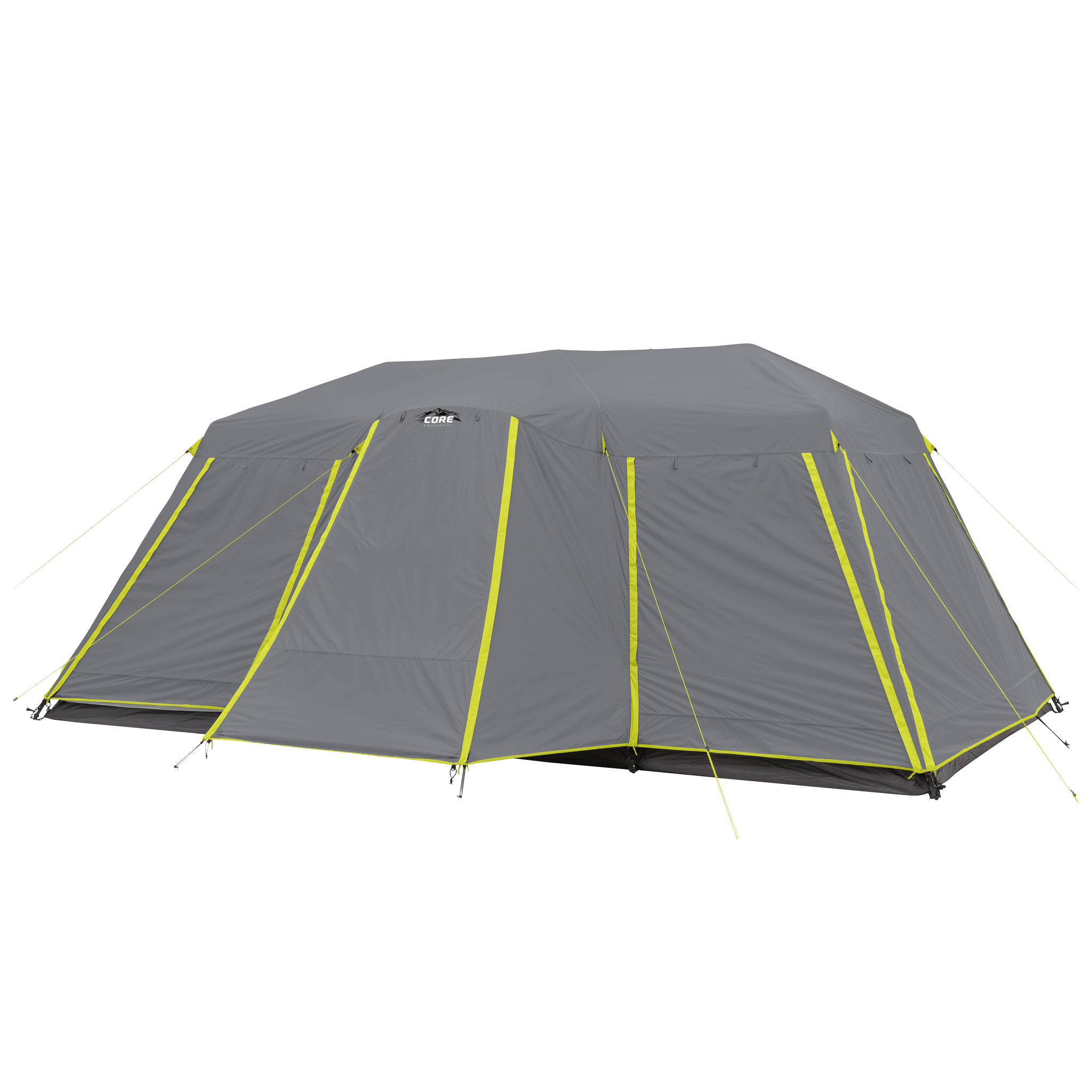 CORE 12 person instant cabin tent with full rainfly in gray and green, featuring pre-attached poles for a quick 2-minute setup and spacious interior.