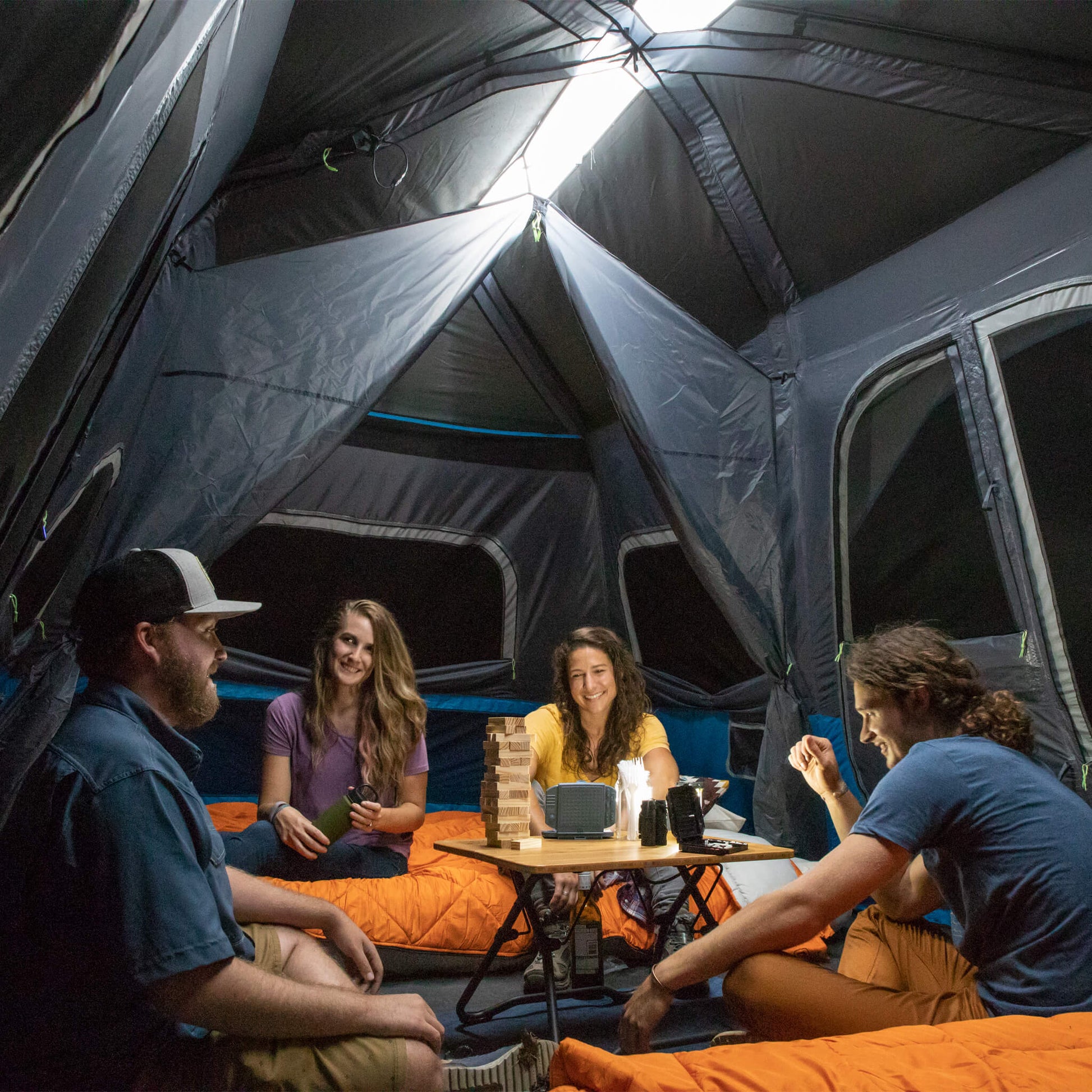 night in tent 12 Person Lighted Instant Cabin Tent – Core Equipment