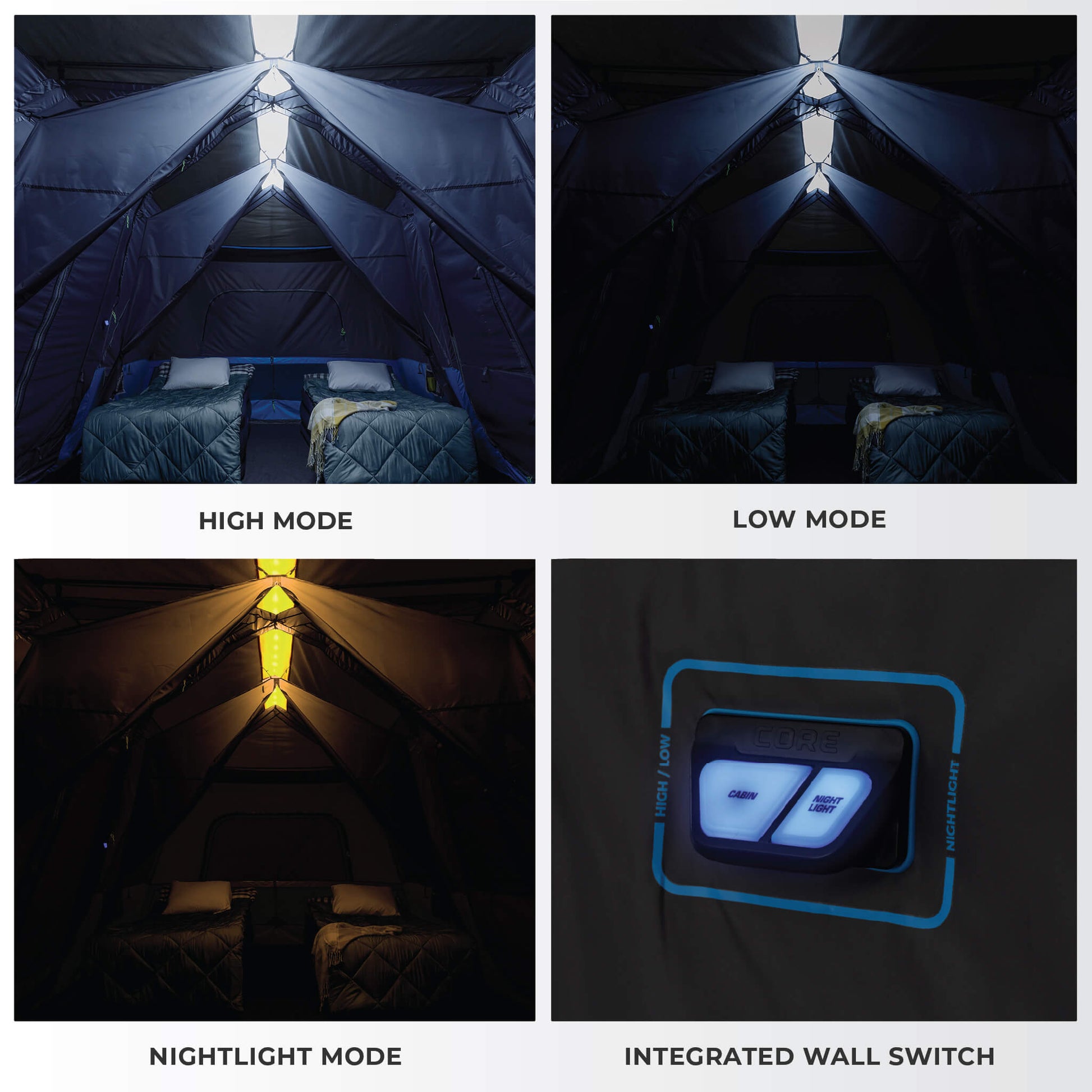 Four images showing the lighting modes inside a CORE tent and its integrated wall switch. Top left: “High Mode” shows a bright interior with two beds fully illuminated. Top right: “Low Mode” shows a dimmer light level inside the same tent. Bottom left: “Nightlight Mode” gives off a soft amber glow for ambient lighting. Bottom right: close-up of the “Integrated Wall Switch” featuring illuminated buttons.