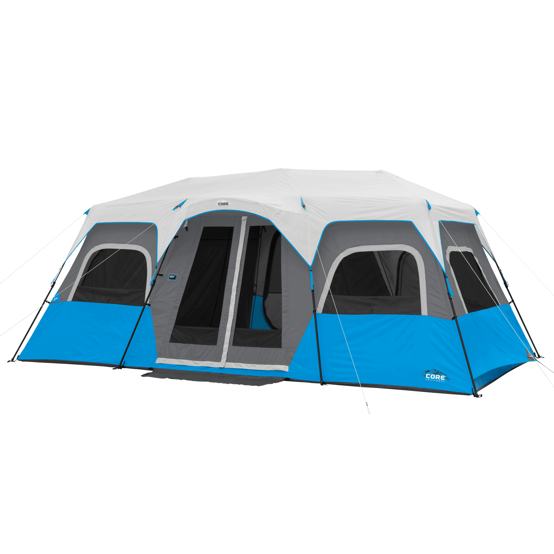 CORE 12 person lighted instant cabin tent in blue and gray, featuring pre-attached poles for a quick 2-minute setup and spacious interior.