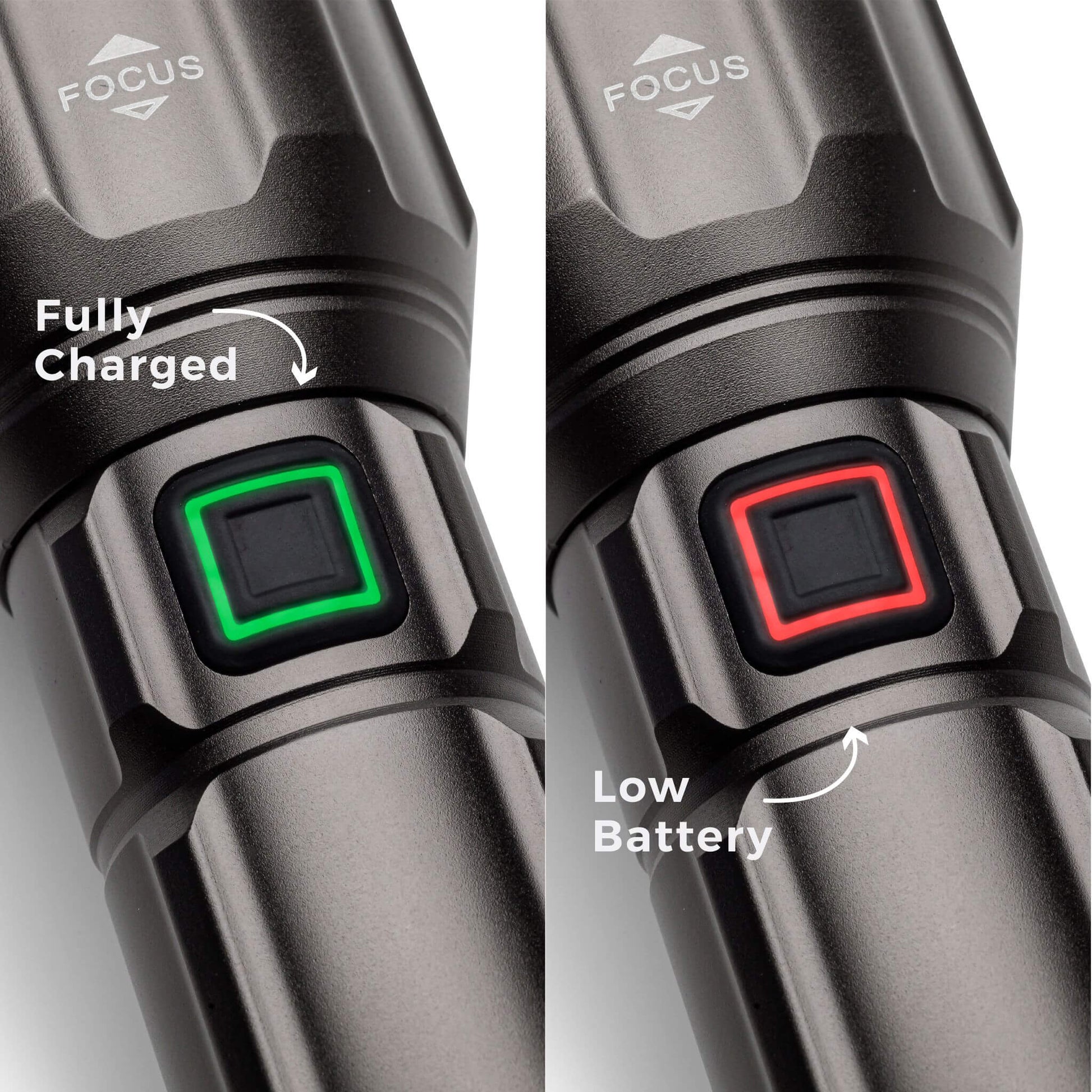 Two views of a device with charging indicators showing 'Fully Charged' and 'Low Battery'.