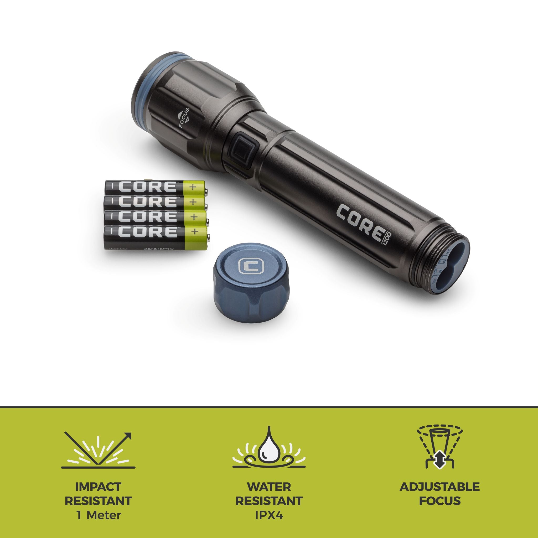 CORE AAA flashlight featuring impact resistance up to 1 meter, IPX4 waterproof rating, and adjustable focus beam.