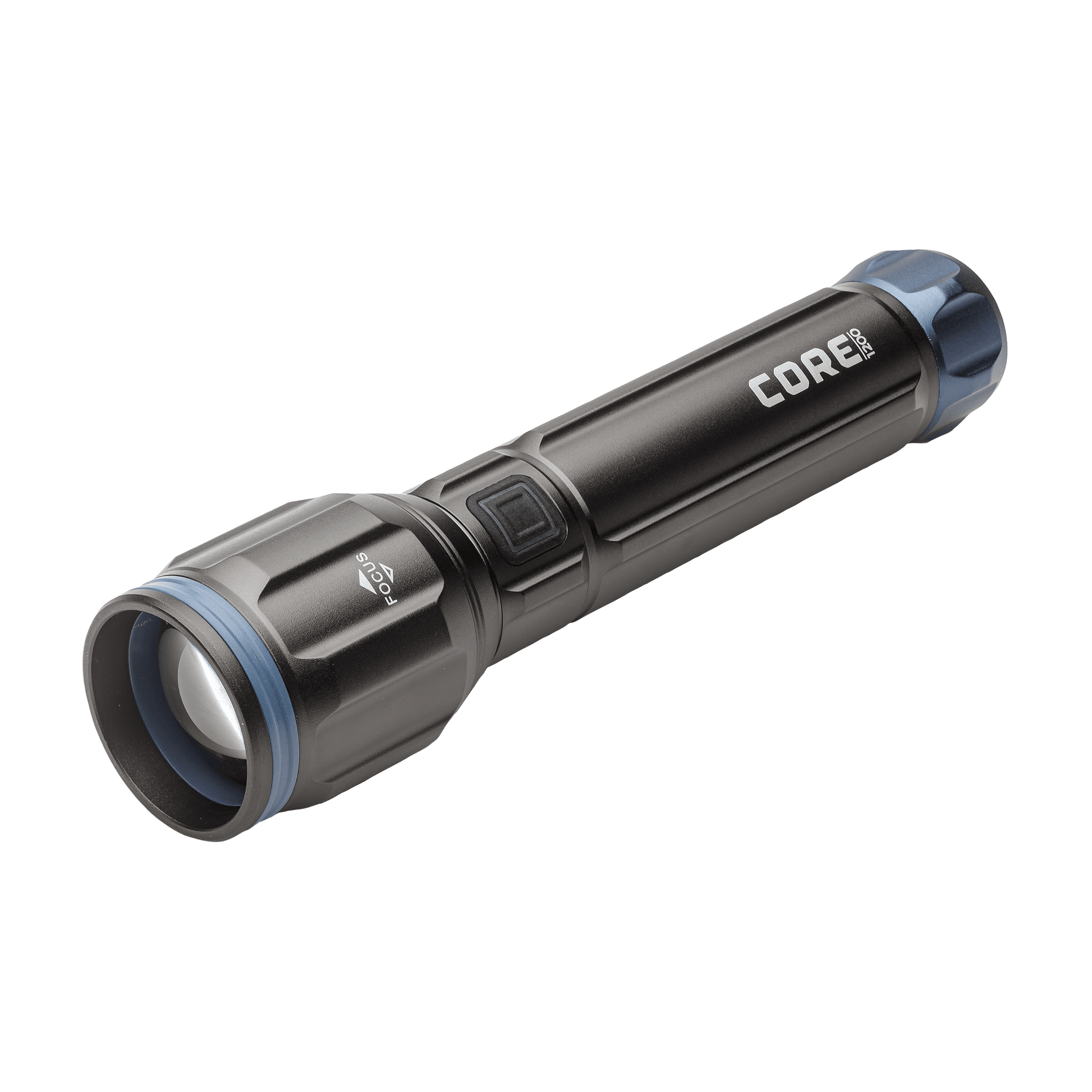 Dark gray CORE 1200 lumen flashlights with blue accents.