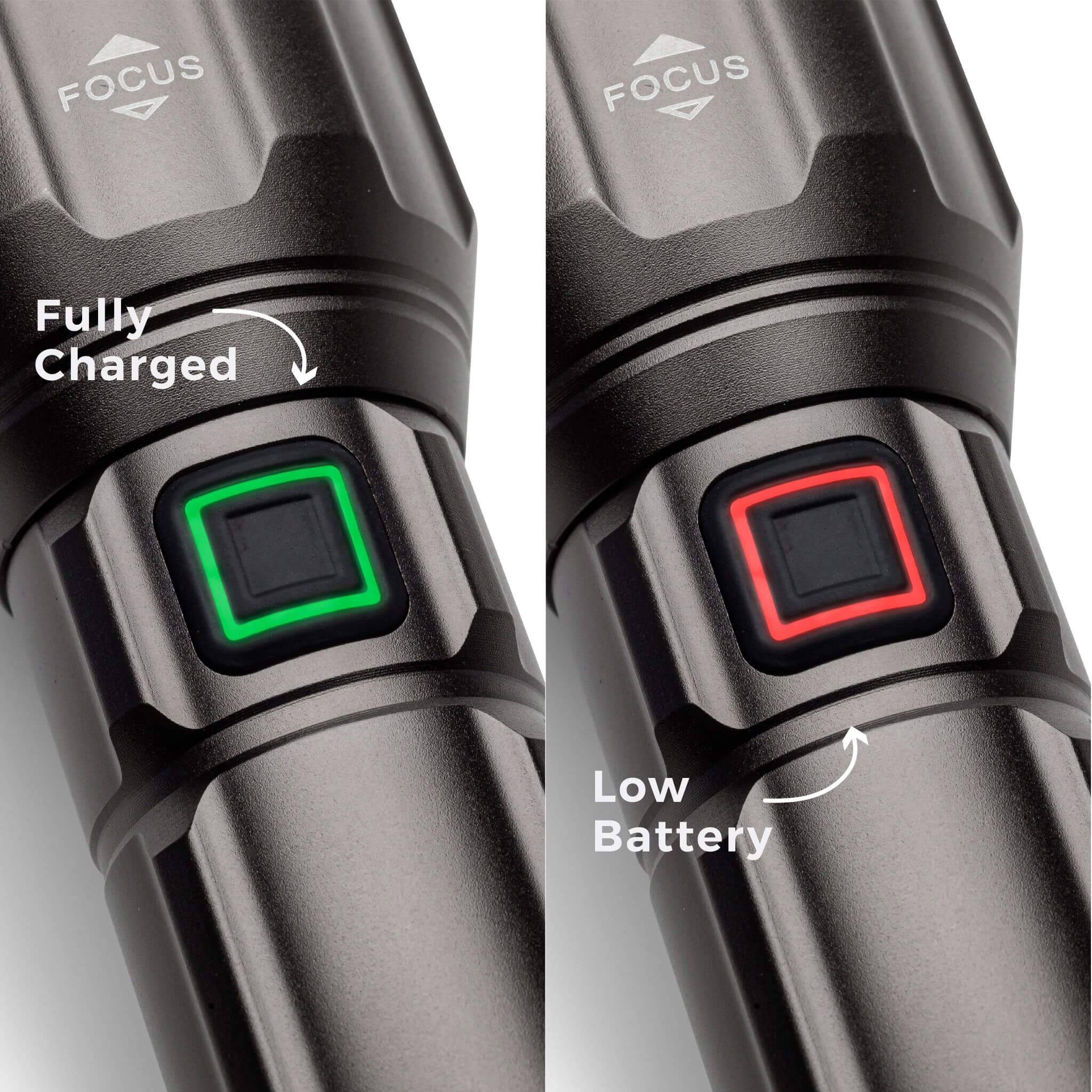 Two views of a device with charging indicators showing 'Fully Charged' and 'Low Battery'.
