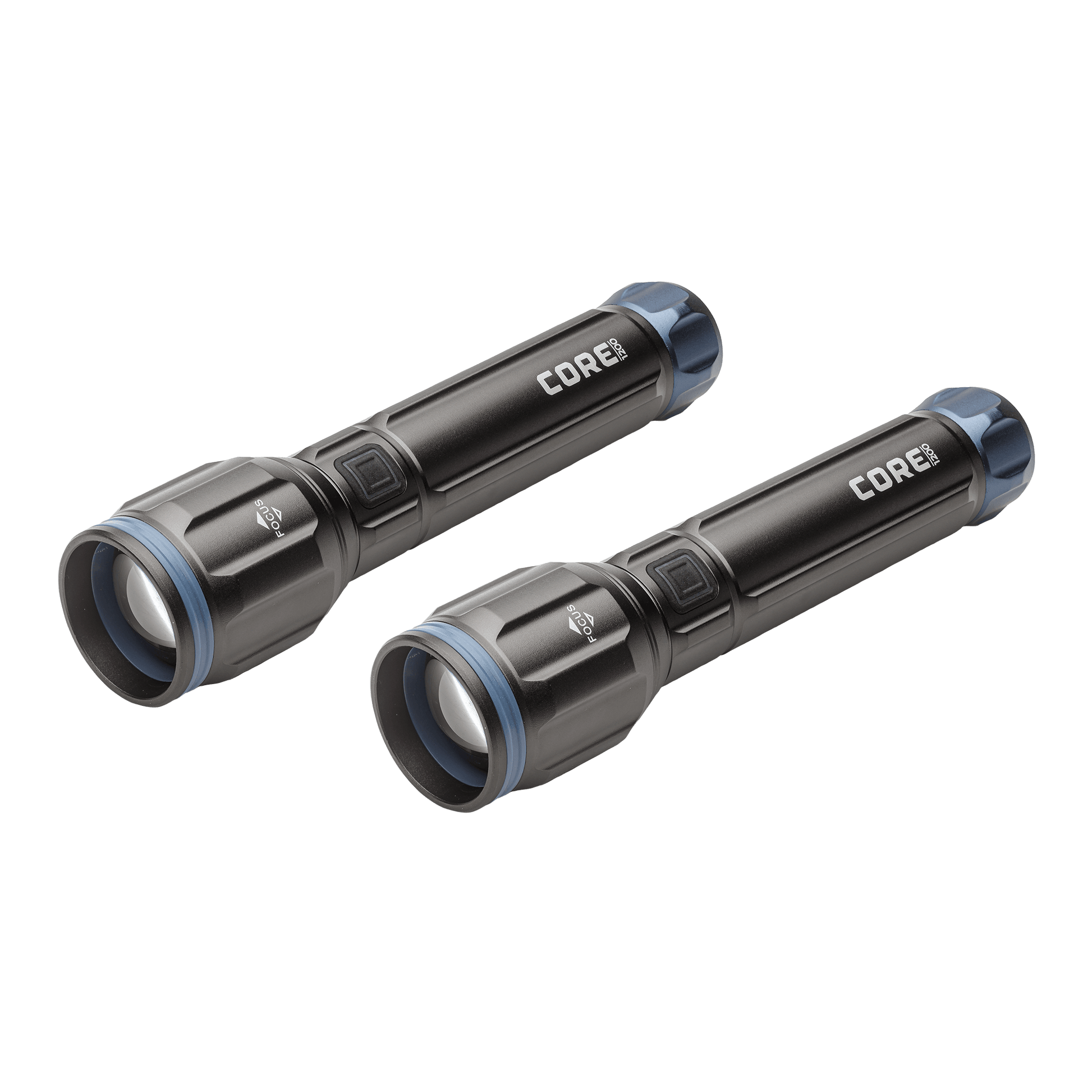 Two dark gray CORE 1200 lumen flashlights with blue accents.