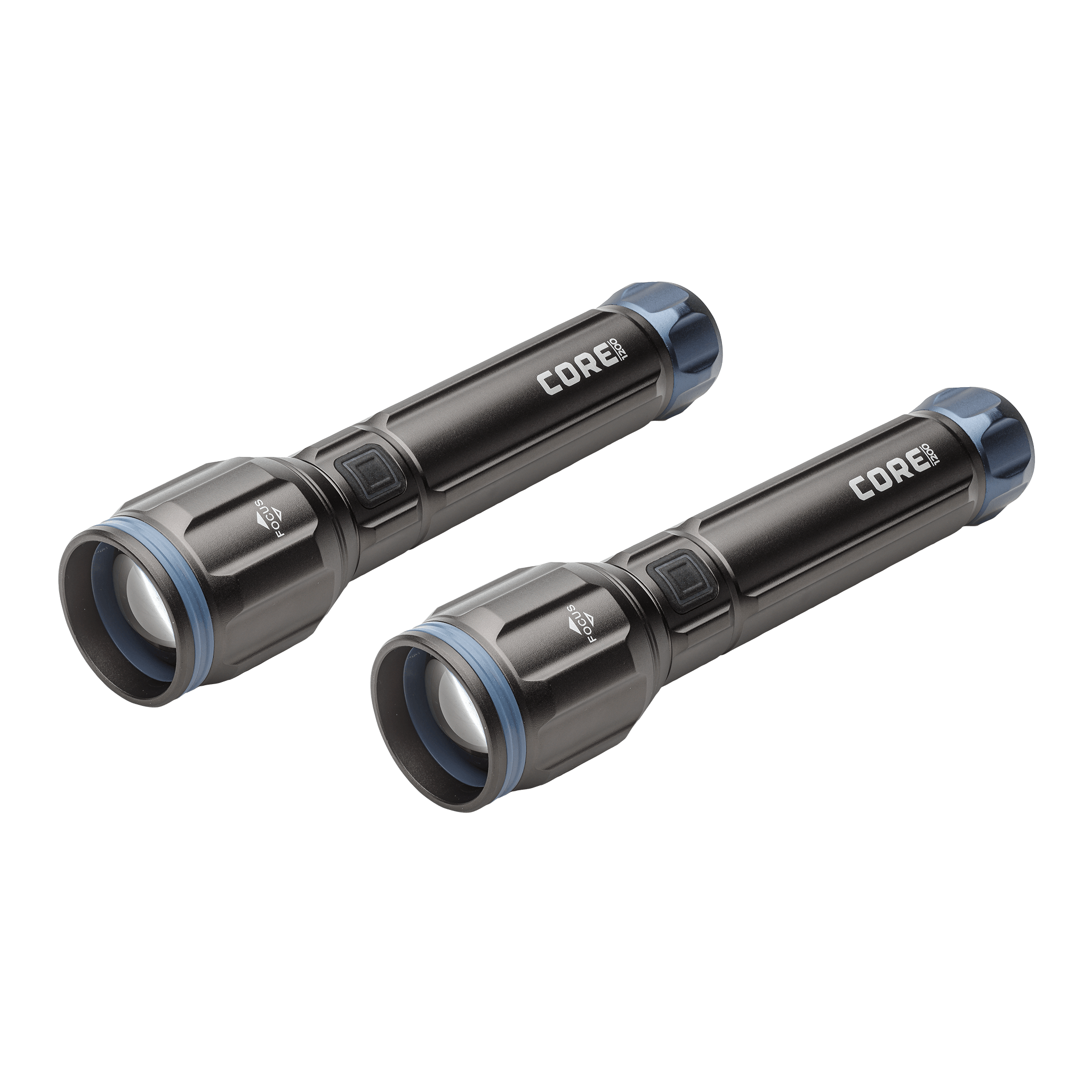 Two dark gray CORE 1200 lumen flashlights with blue accents.