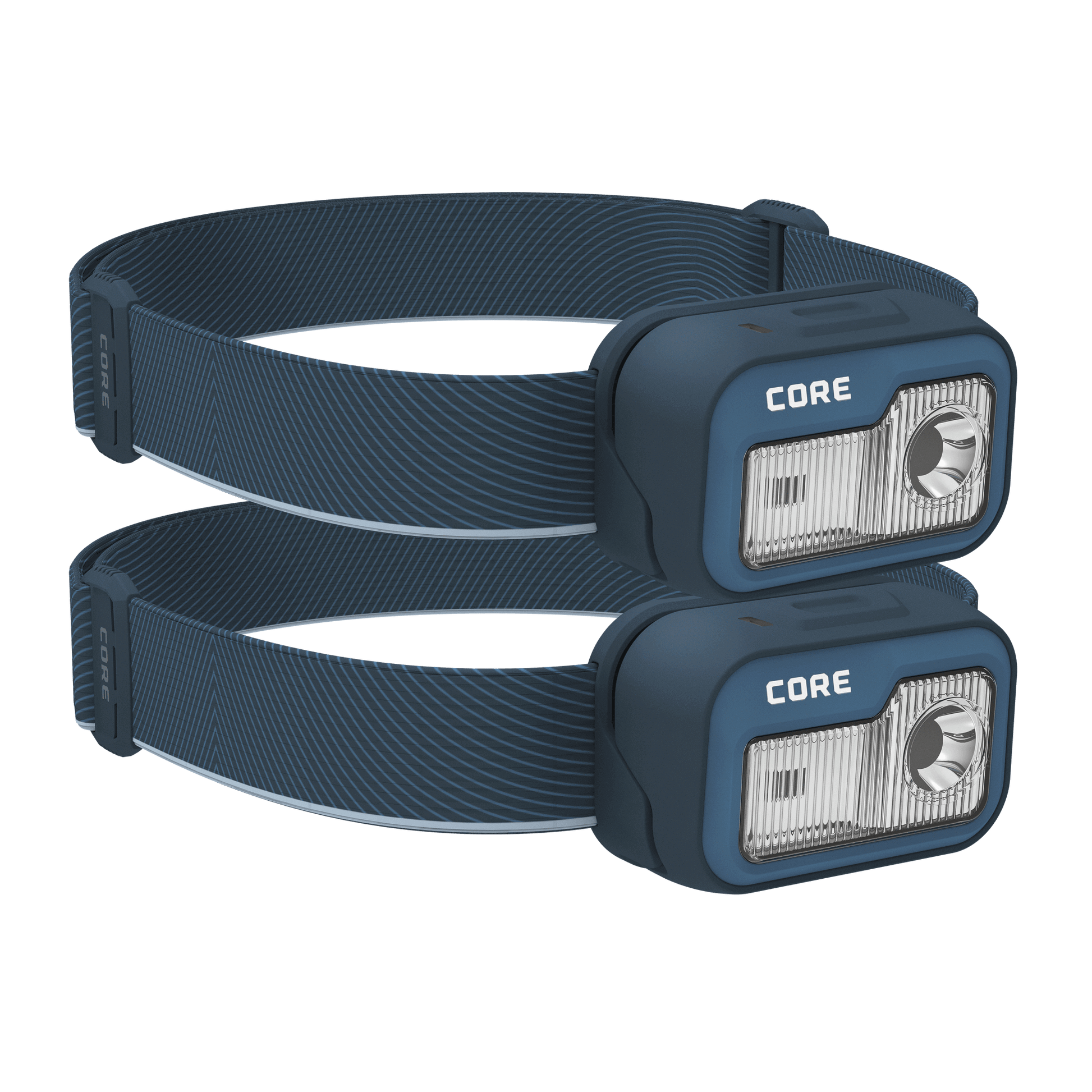 Two CORE 1200 lumen rechargeable headlamps in navy, featuring an adjustable elastic strap, multiple light modes, and a USB-C charging port.