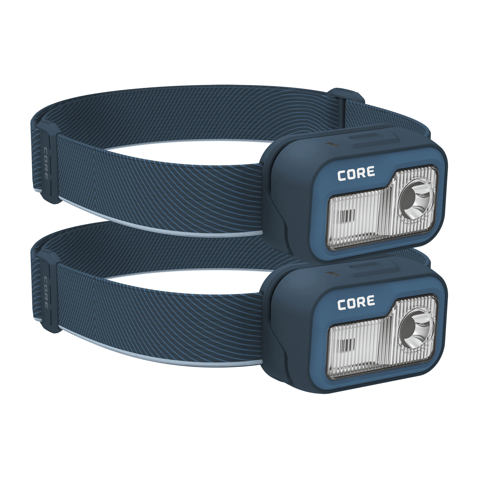 Two CORE 1200 lumen rechargeable headlamps in navy, featuring an adjustable elastic strap, multiple light modes, and a USB-C charging port.