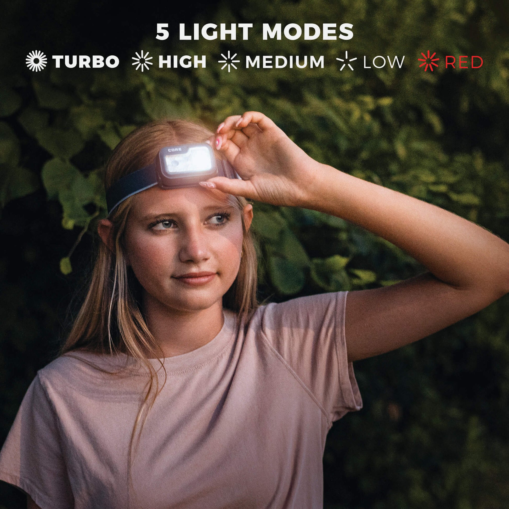 Image shows text: 5 Light Modes, Turbo, High, Medium, Low, Red, with a girl wearing the CORE 1200 Lumen Rechargeable Headlamp outdoors.