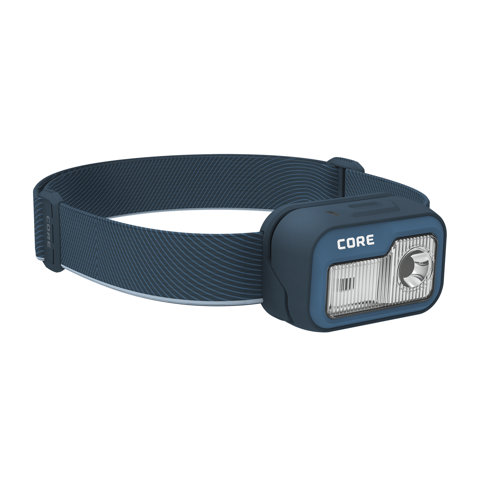 CORE 1200 lumen rechargeable headlamp in navy, featuring an adjustable elastic strap, multiple light modes, and a USB-C charging port.