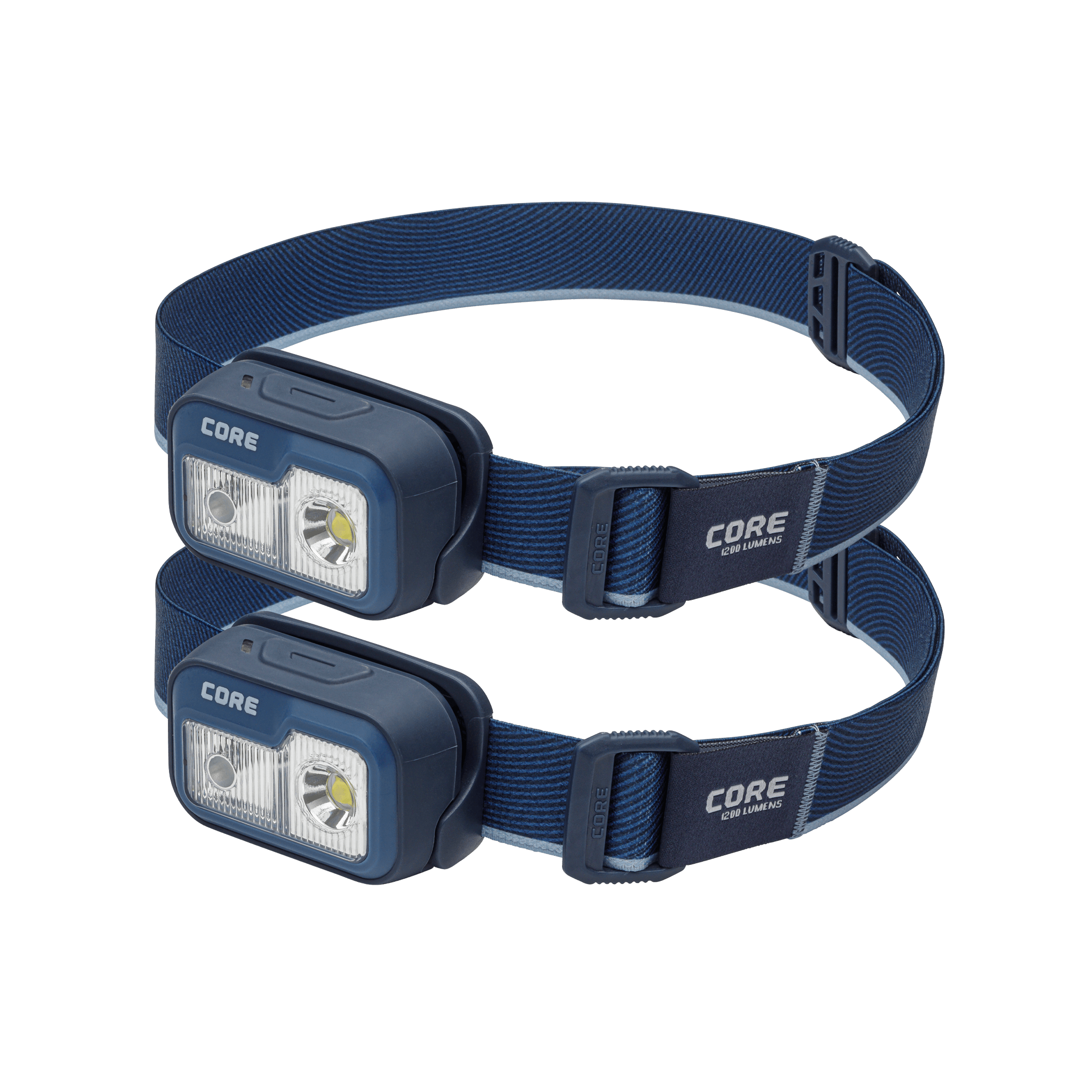 Two CORE 1200 lumen rechargeable headlamps in navy, featuring an adjustable elastic strap, multiple light modes, and a USB-C charging port.
