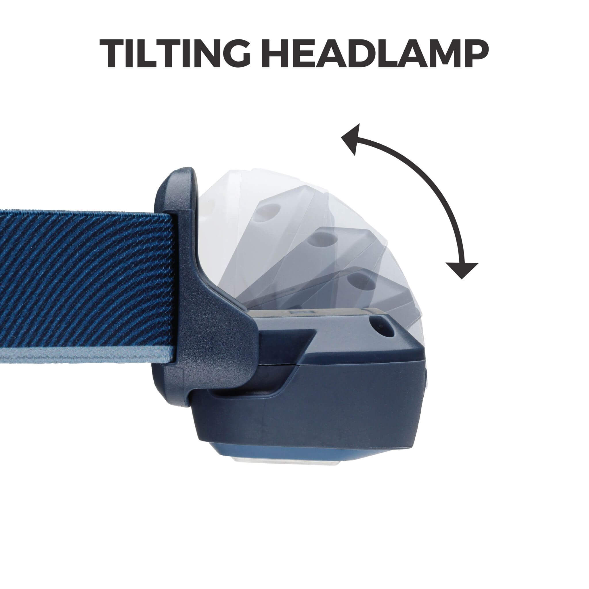 CORE rechargeable headlamp shown tilting up and down, with on-image text reading ‘Tilting Headlamp’ and arrows indicating adjustable beam angle.
