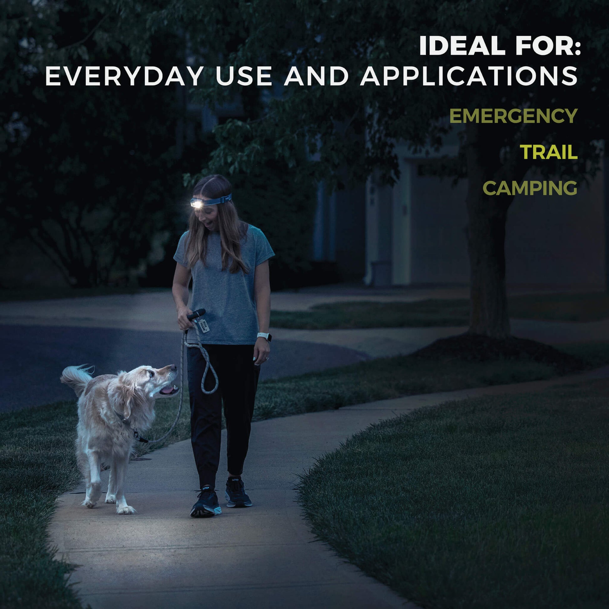 Image shows text: Ideal For Everyday Use, Emergency, Trail, Camping, with a person walking a dog using the CORE 1200 Lumen Headlamp.