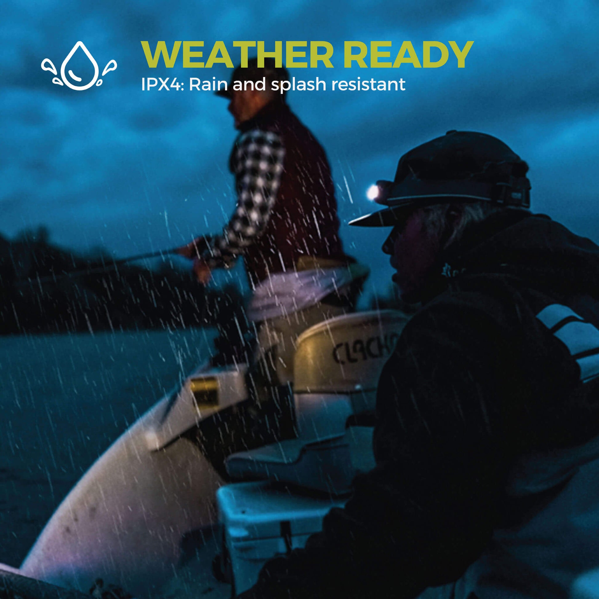 Two people on a boat at night with rain gear, wearing a CORE 1200 Lumen Rechargeable Headlamp that reads 'Weather Ready' and has an IPX4 rating.