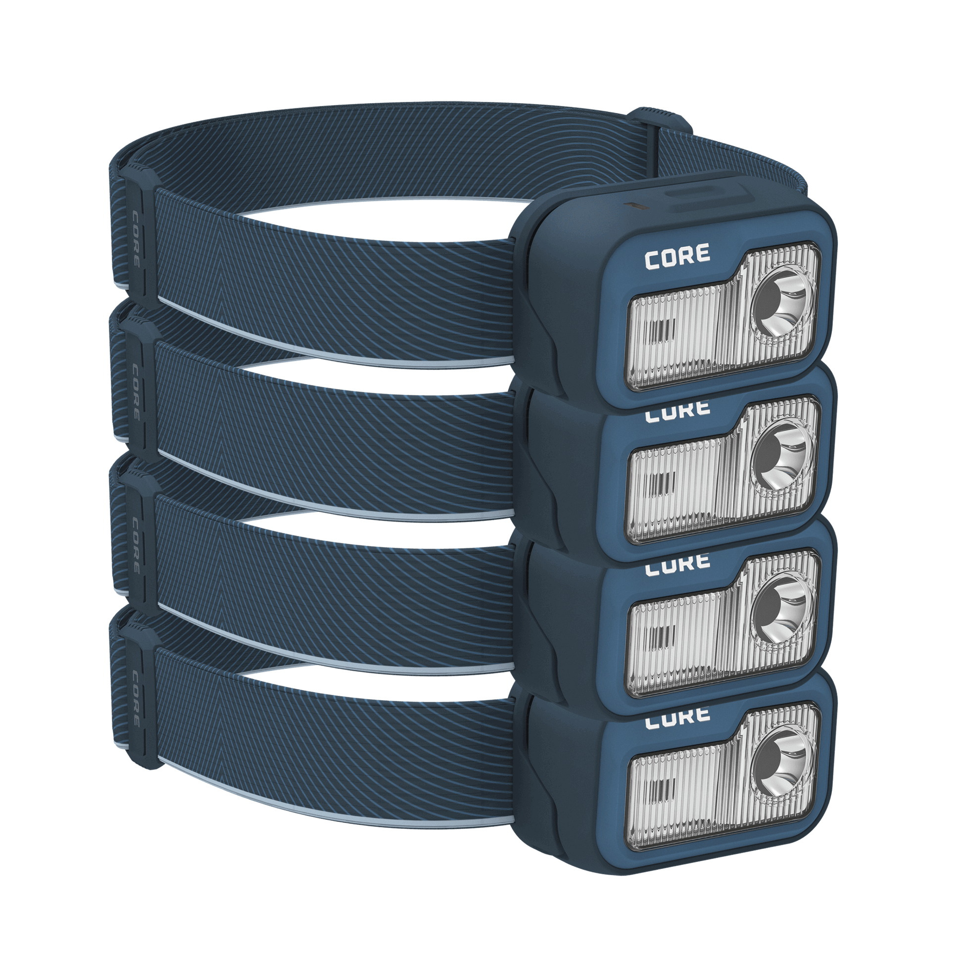 Four CORE 1200 lumen rechargeable headlamps in navy, featuring an adjustable elastic strap, multiple light modes, and a USB-C charging port.