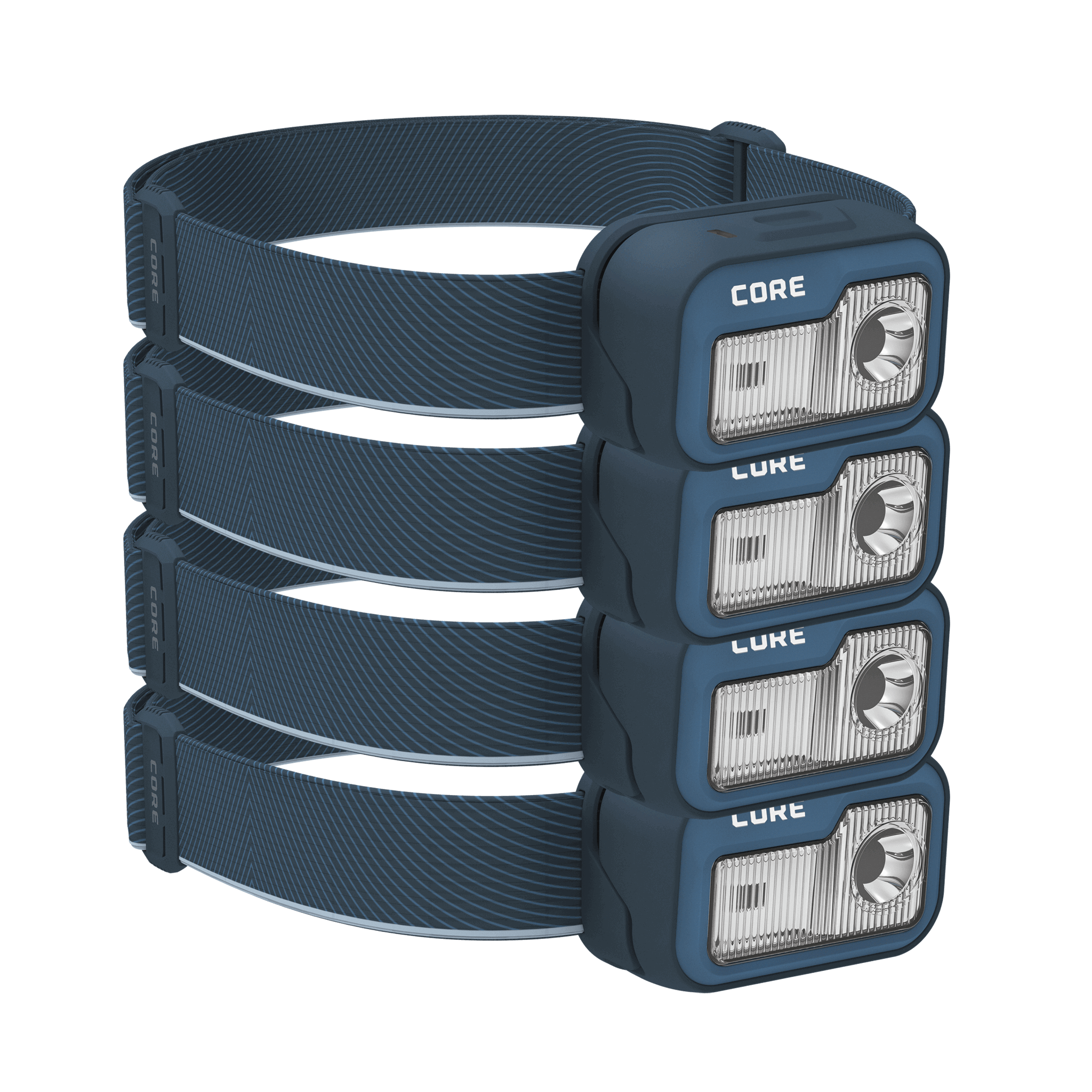 Four CORE 1200 lumen rechargeable headlamps in navy, featuring an adjustable elastic strap, multiple light modes, and a USB-C charging port.