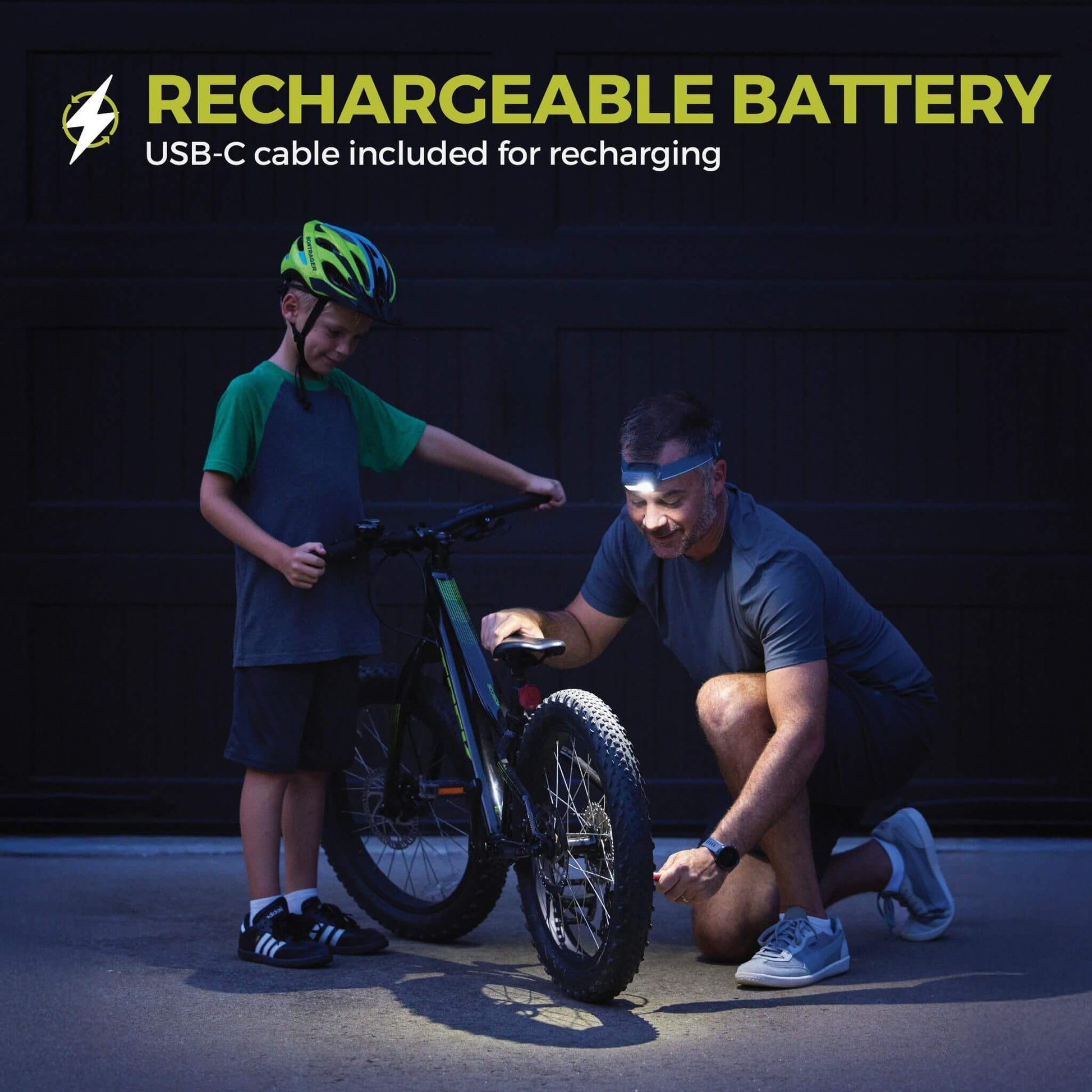 Image shows text: Rechargeable Battery, USB-C cable included for recharging, with a father and son using the CORE 1200 Lumen Headlamp.
