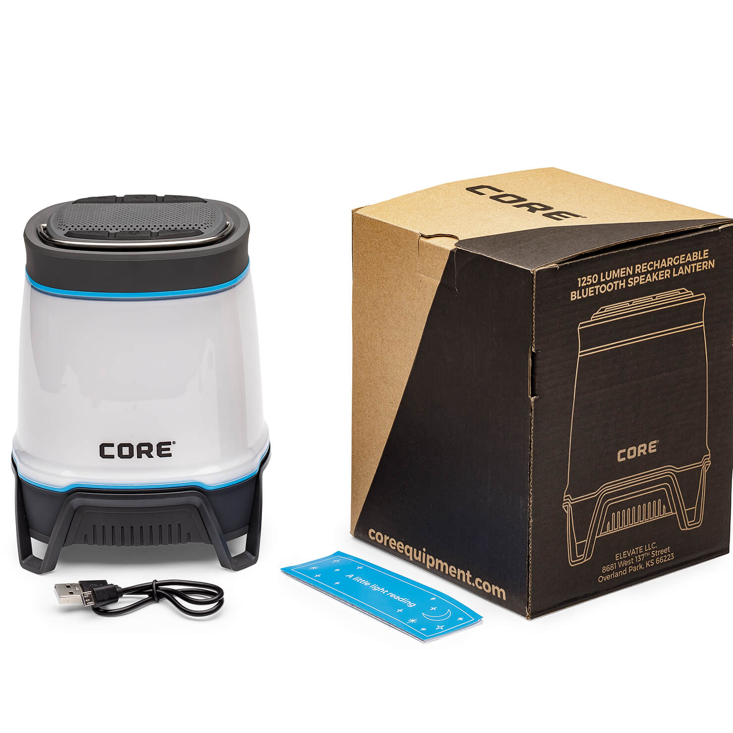 CORE 1250 lumen Bluetooth lantern with included charging cord, USB port, and retail packaging box.