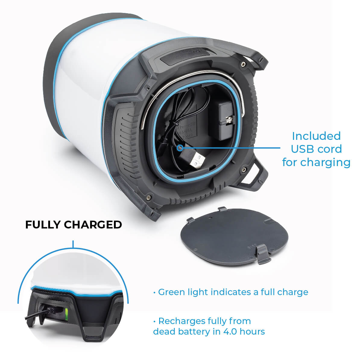 CORE rechargeable Bluetooth lantern with included USB charging port, full charge indicator, and fast recharge.