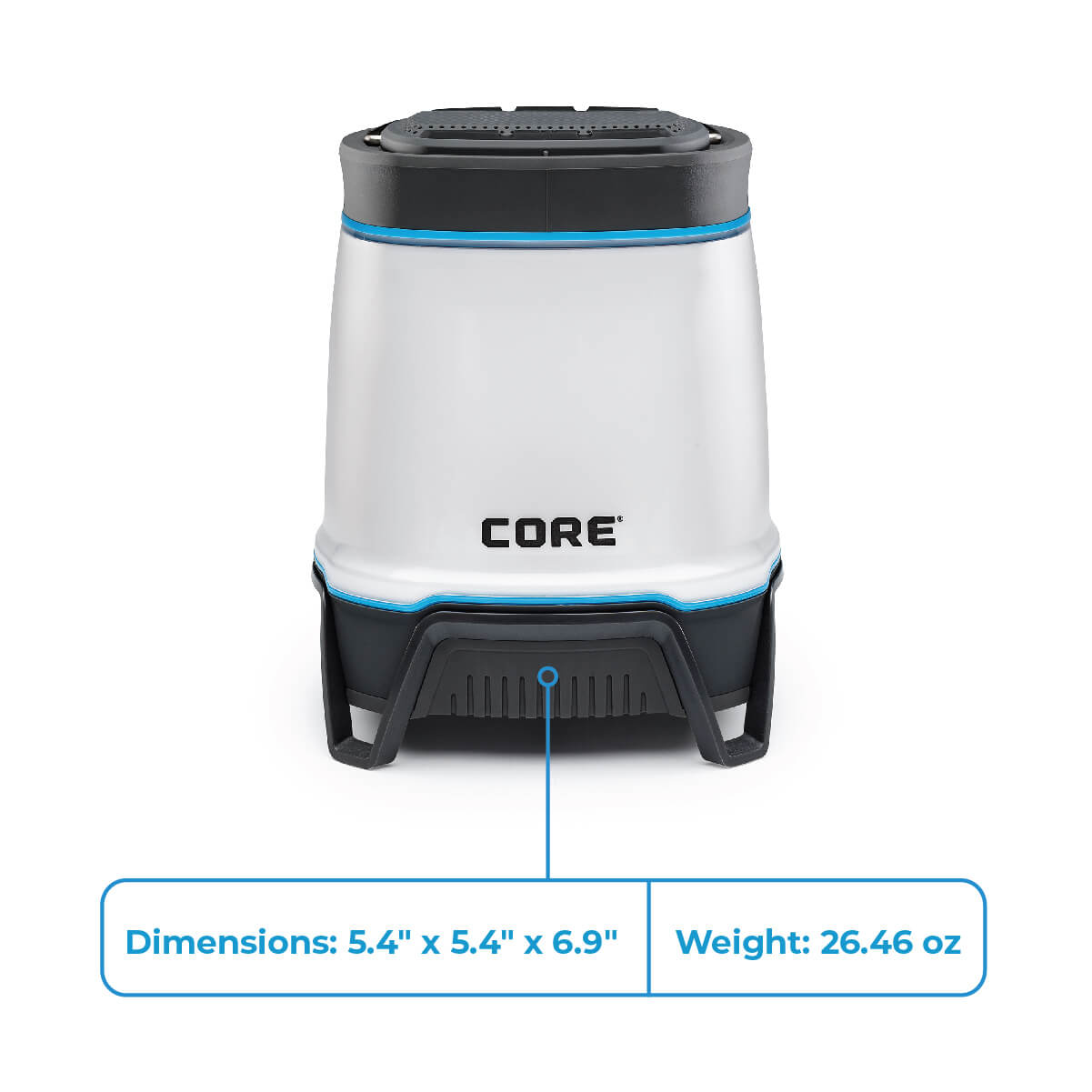 CORE 1250 lumen rechargeable lantern with Bluetooth speaker measures 5.4 x 5.4 x 6.9 inches, 26.46 oz weight.