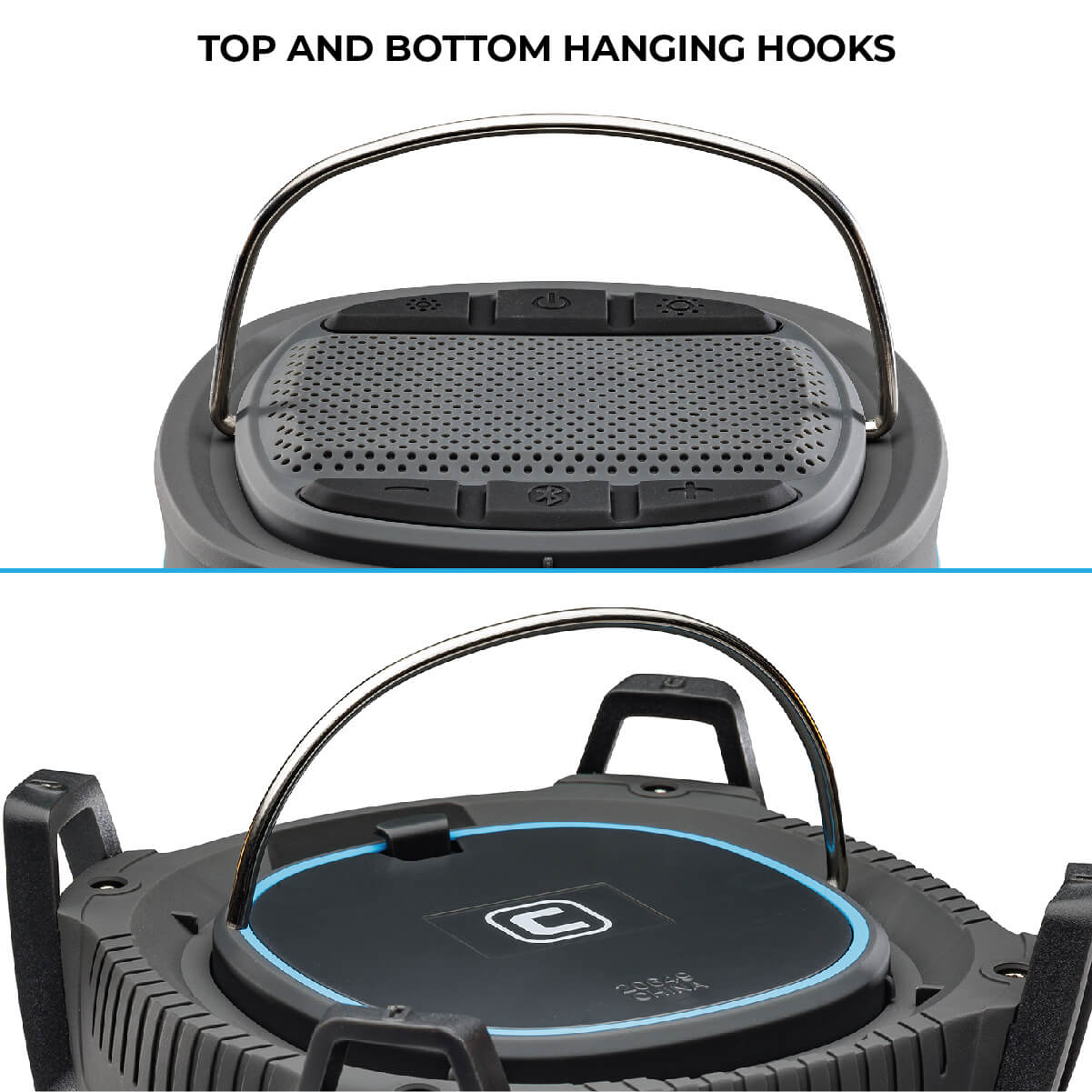 CORE Bluetooth lantern shown with top and bottom hanging hooks for flexible lighting in tents or campsites.
