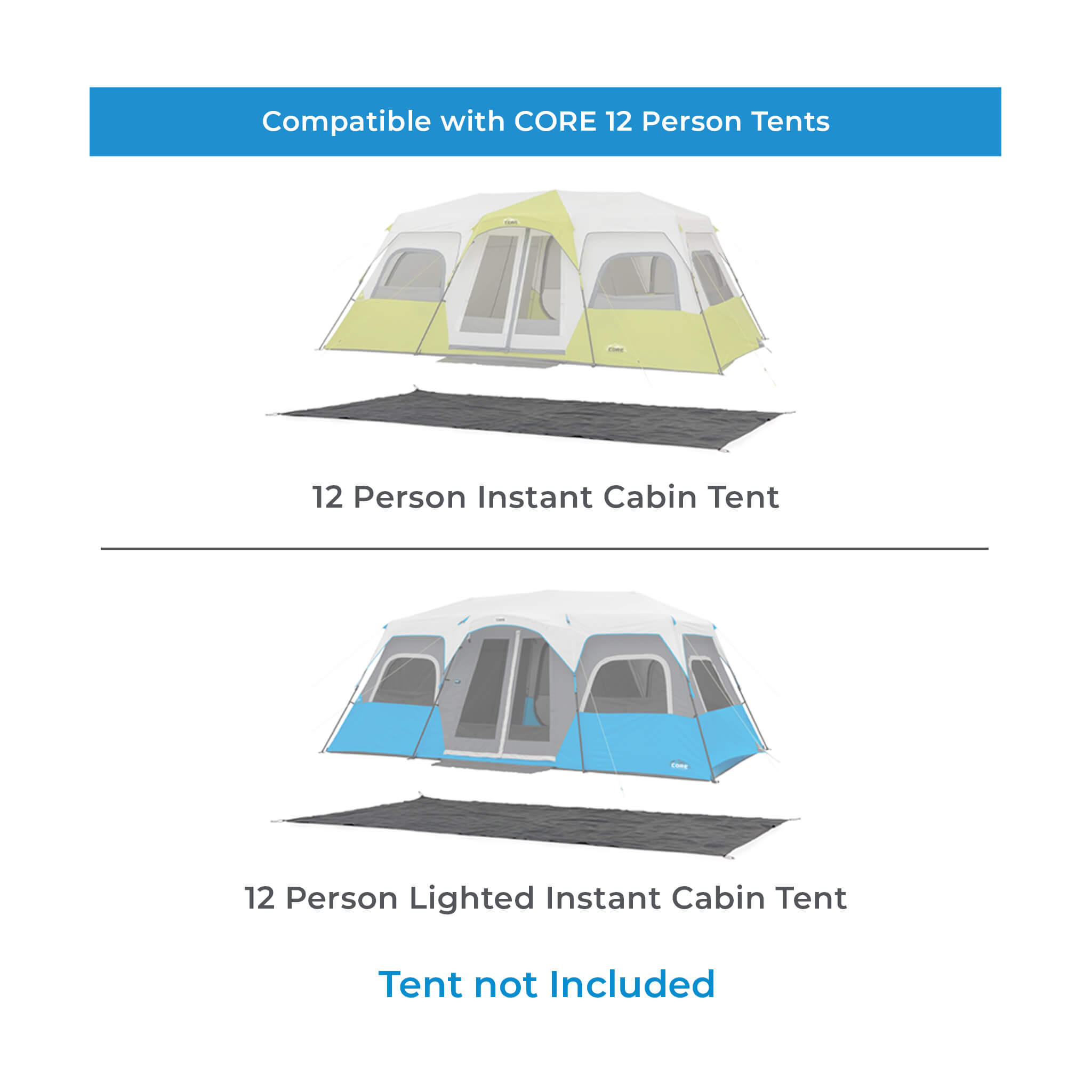 Chart showing CORE 12 person instant tent footprint compatibility with instant cabin and lighted tents.