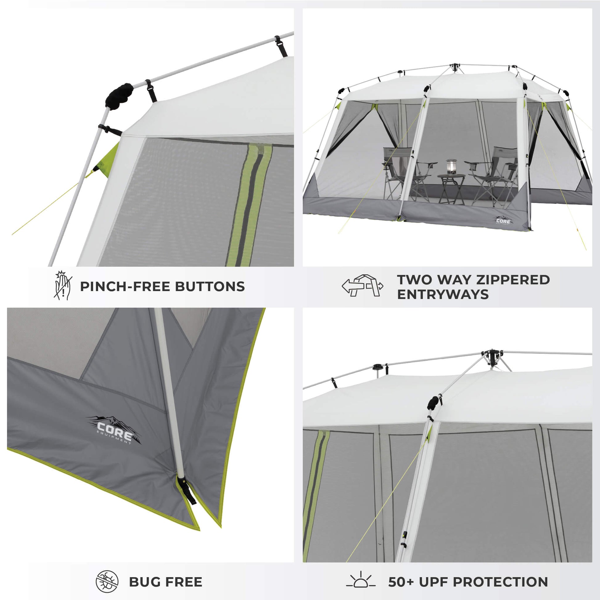 CORE 12x10 instant screen house features UPF 50+ protection, two-way zippered entryways, bug-free mesh, and pinch-free setup.