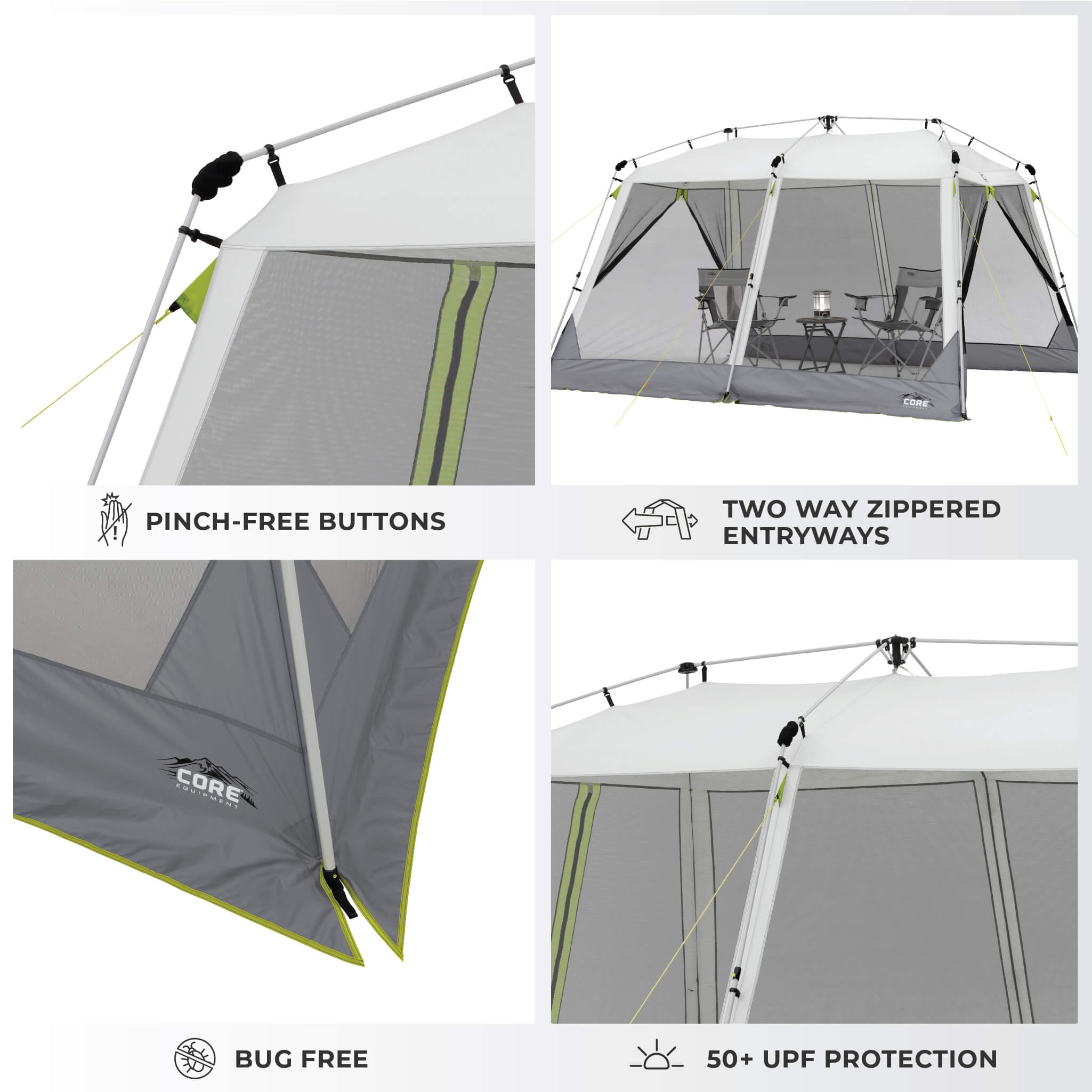 CORE 12x10 instant screen house features UPF 50+ protection, two-way zippered entryways, bug-free mesh, and pinch-free setup.