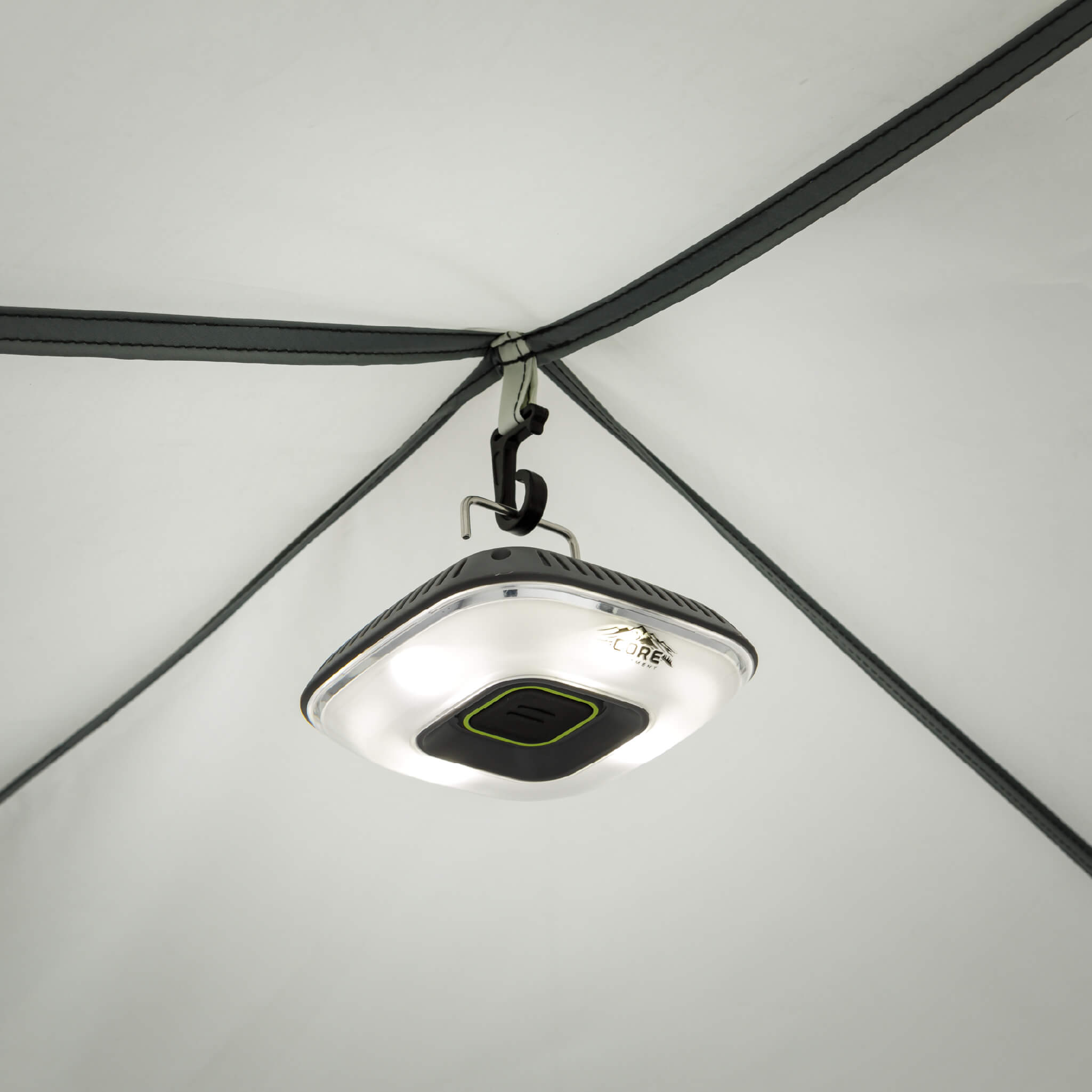 Interior view of CORE 12x10 instant screen house showing overhead hook for hanging lanterns, keeping space bright at night.