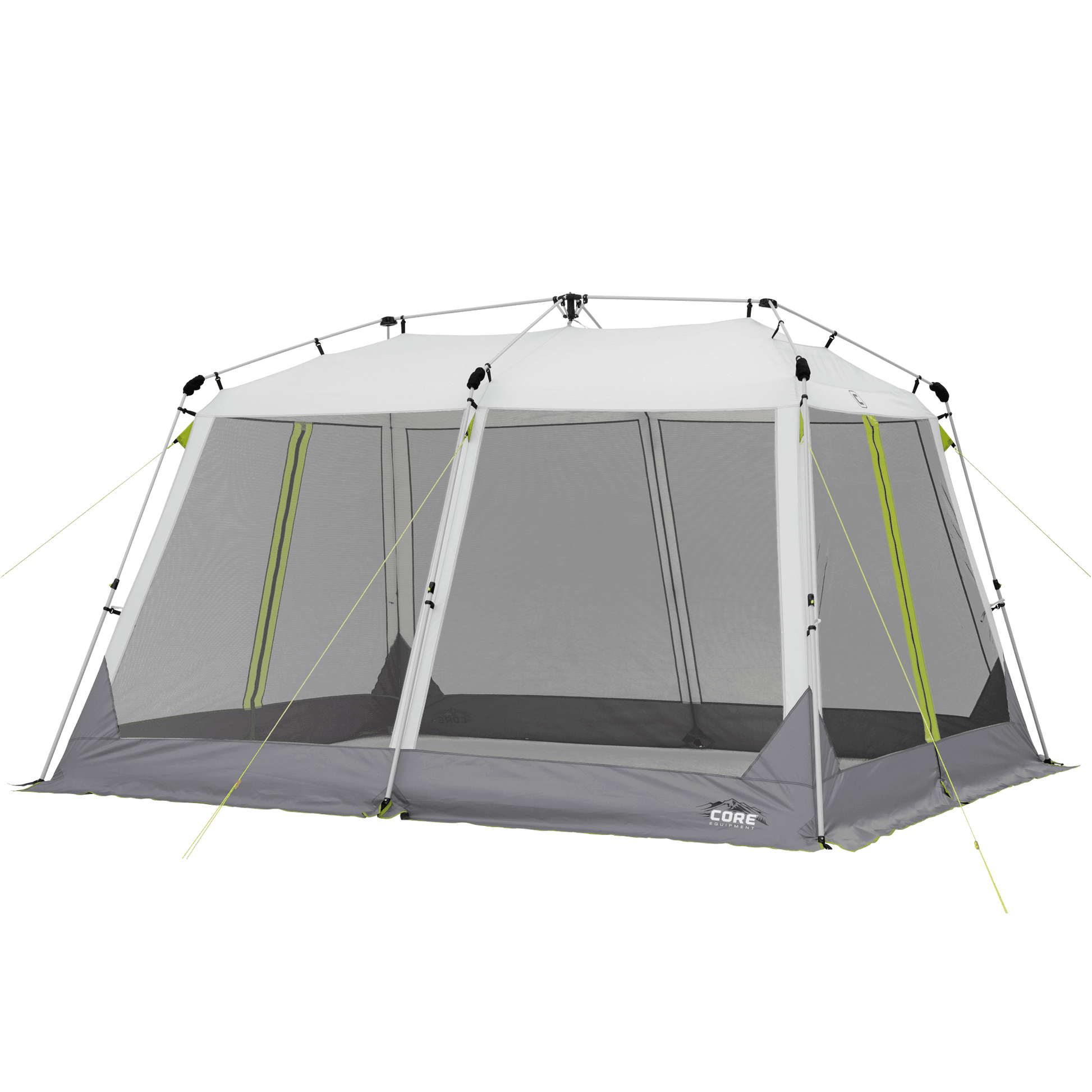 CORE 12x10 instant screen house in gray with mesh walls and neon green accents, providing shade and bug protection outdoors.